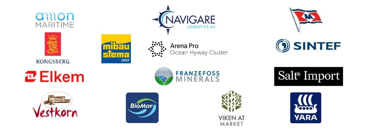 Picture of project partners: Amon Maritime, Kongsberg-gruppen, Stema Shipping, Elkem, Vestkorn, Navigare logistics, Ocean Hyway Cluster, Franzefoss Minerals, BioMar, Viken AT Market, SINTEF, Salt Import, Yara International