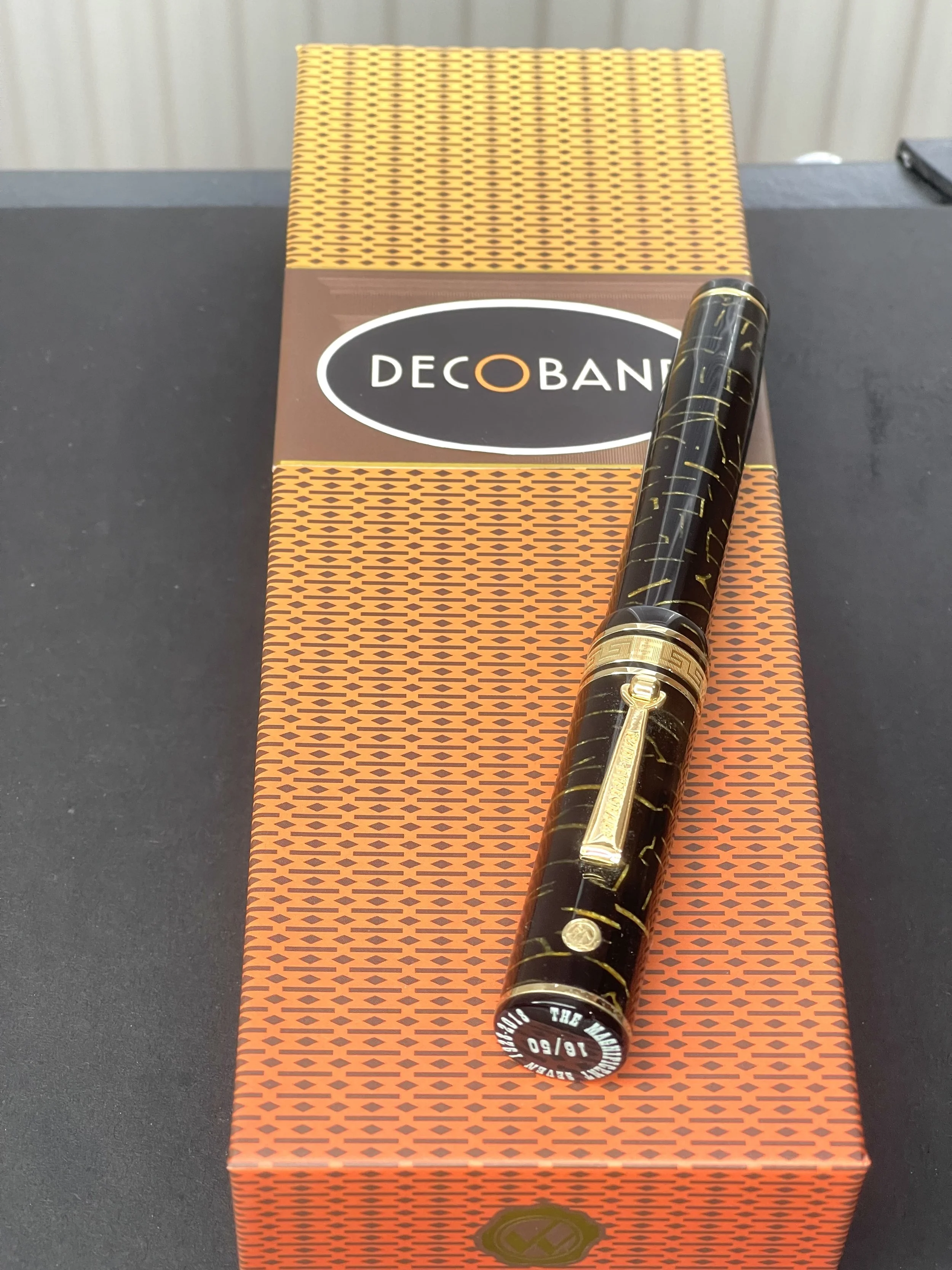 Rare Wahl Eversharp Decoband Oversized Limited Edition Magnificent Seven Fountain Pen in Black and Gold Celluloid
