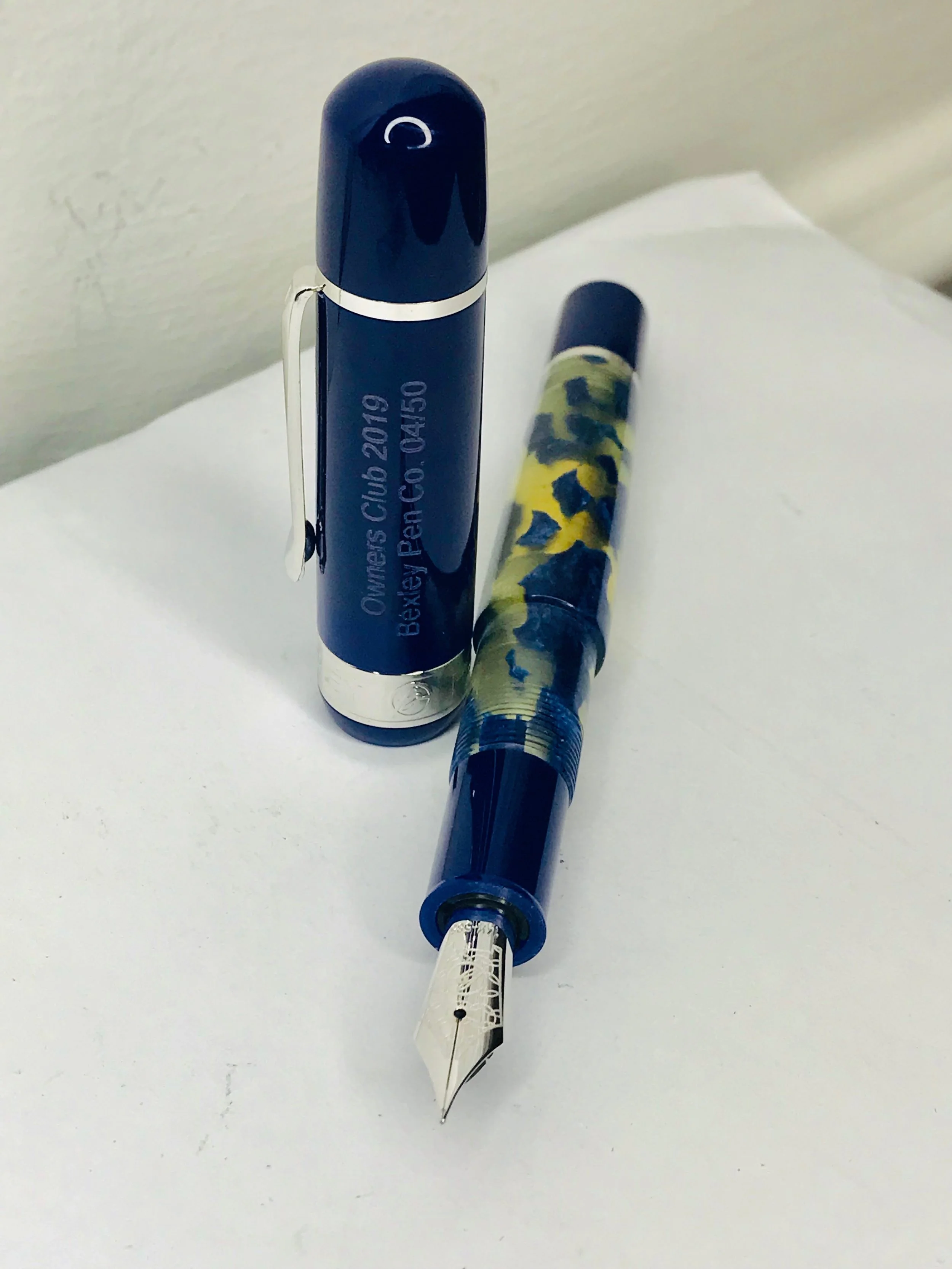 Bexley 2019 Owners Club Fountain Pen made from Lucens Blue Celluloid and Blue Resin Material..