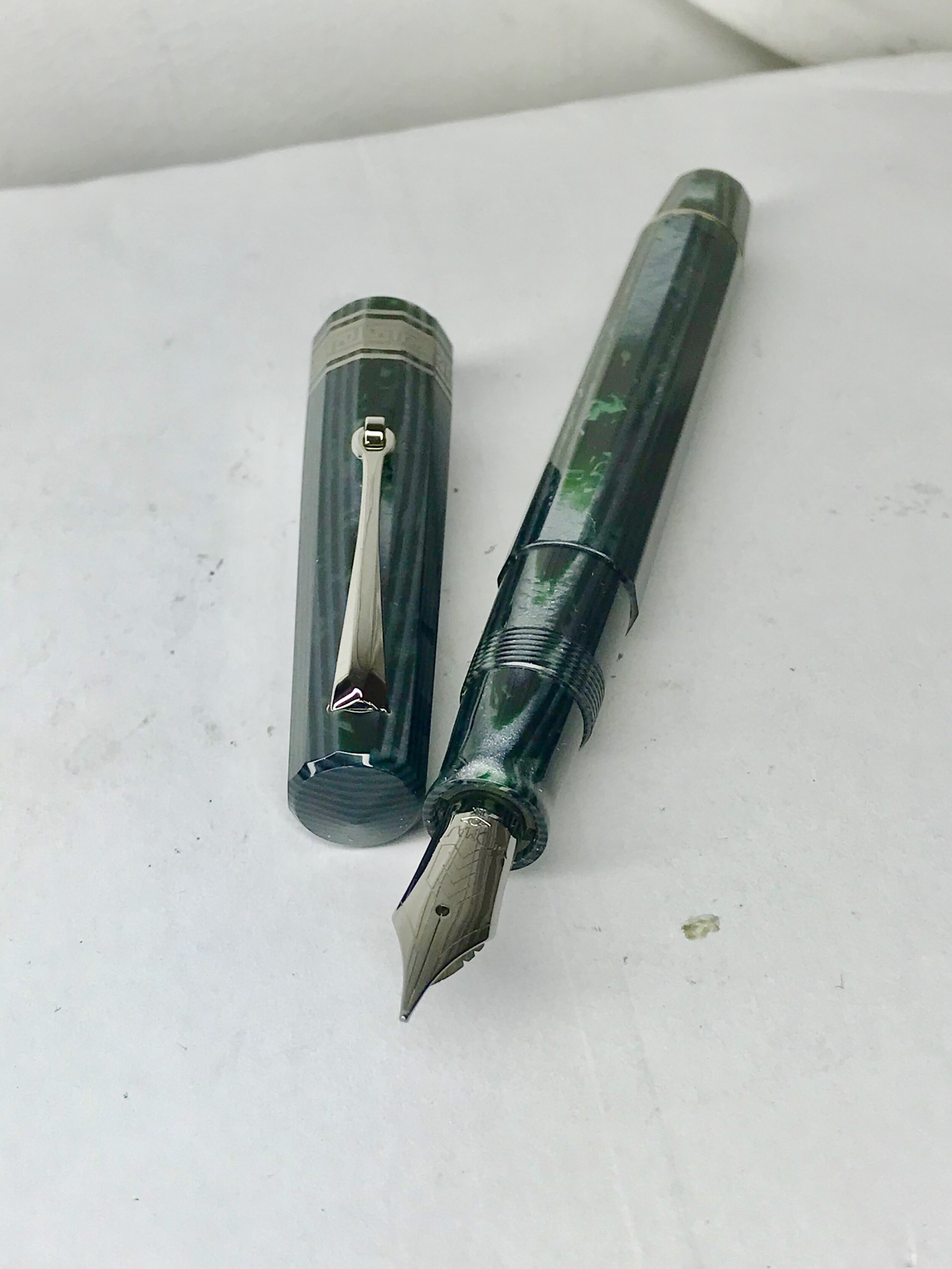 Rare Omas Paragon Arco Verde Celluloid Fountain Pen in Ruthenium Trims (F)