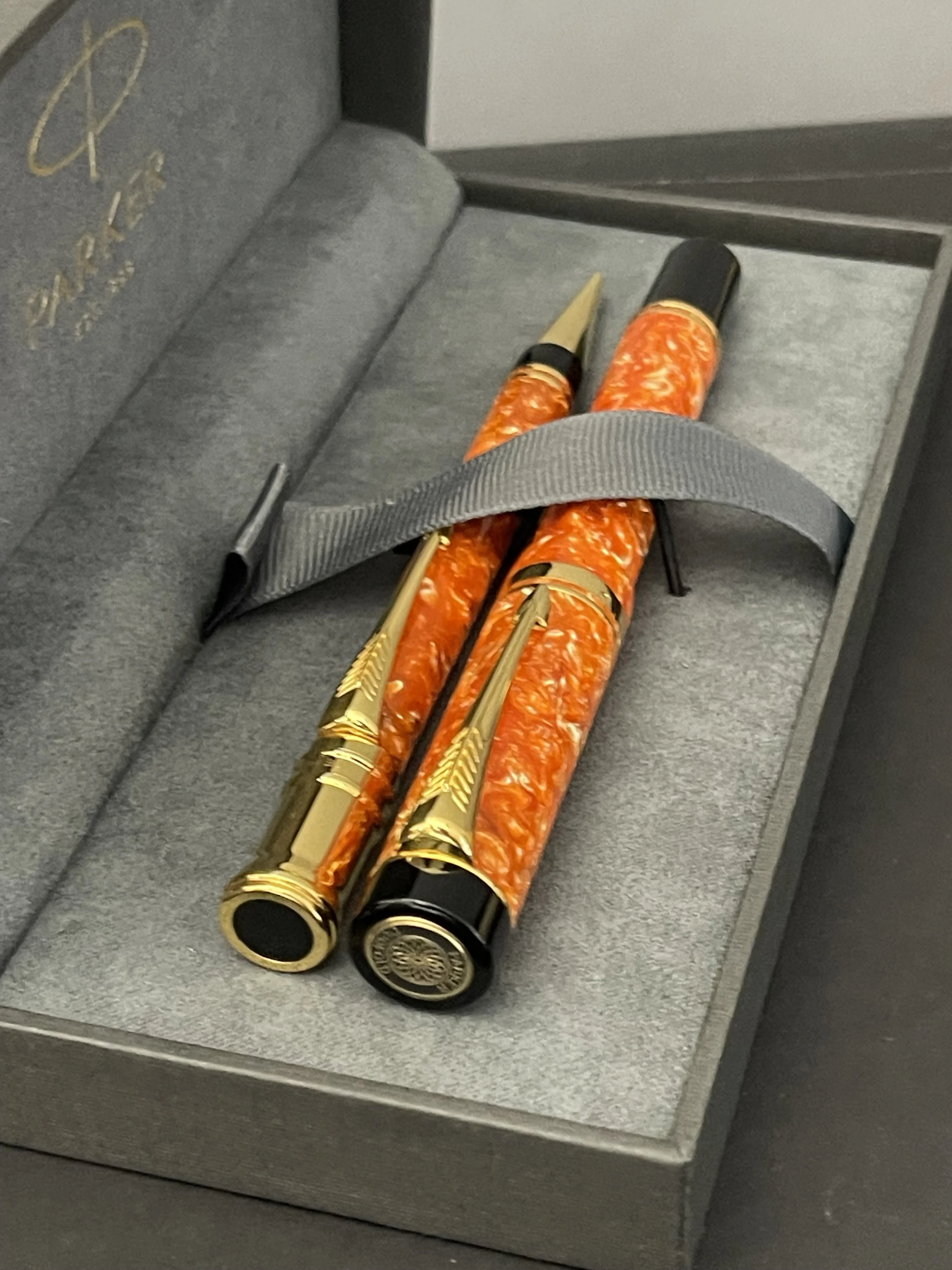 Very Rare Parker Duofold Marble Orange Fountain Pen, Pencil and a 