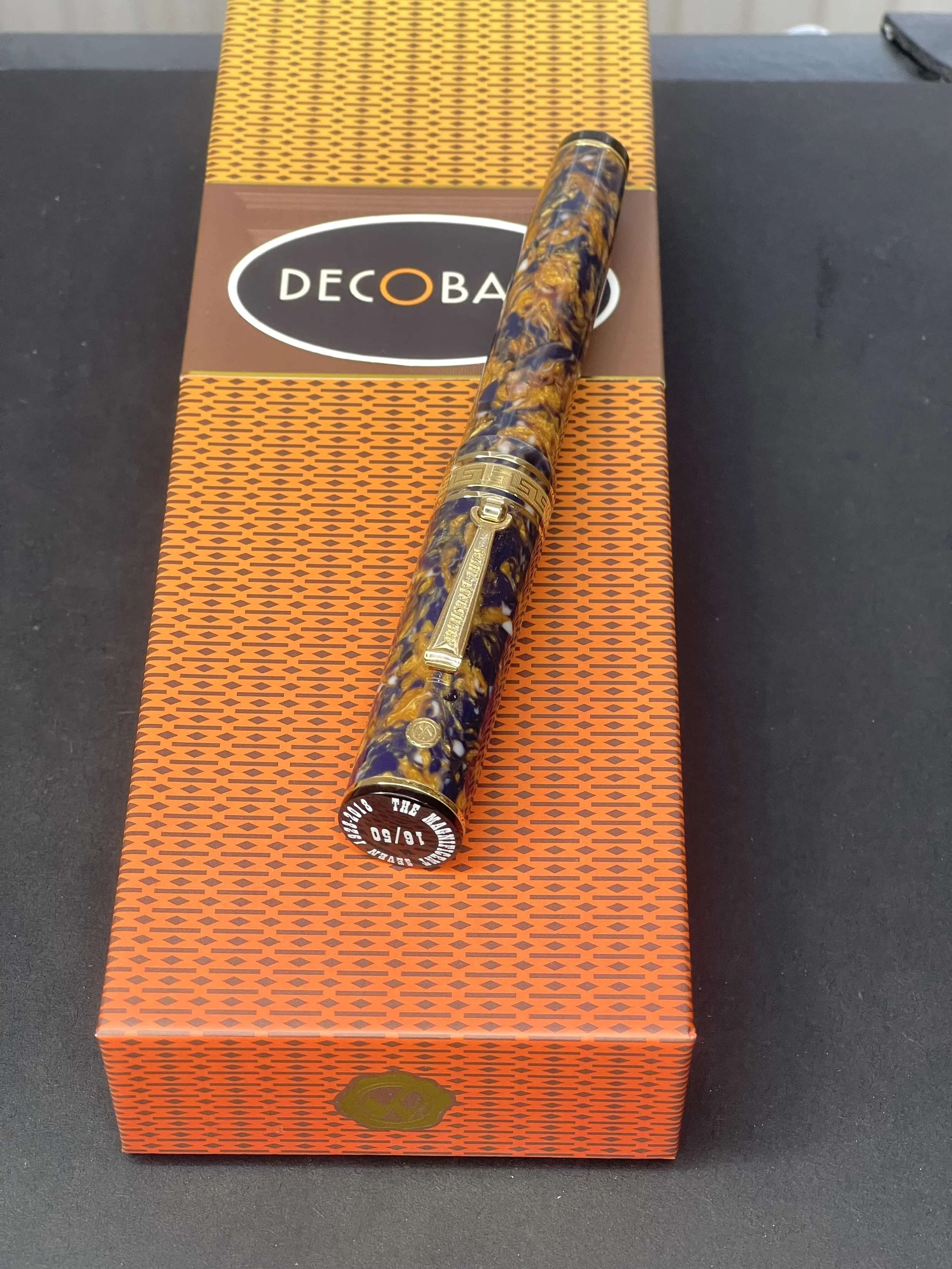 Rare Wahl Eversharp Decoband Oversized Limited Edition Magnificent Seven Fountain Pen in Blue Saffron Celluloid