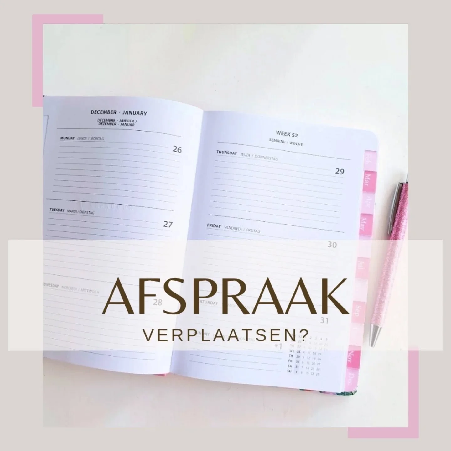🪷  V E R P L A A T S E N ? 🪷

 Lieve dames,
Ik krijg heel regelmatig de vraag of een afspraak verplaatst kan worden. 

Goed nieuws: dat kan heel makkelijk! ✨

In je afspraakbevestiging staat een linkje waarmee je dit helemaal zelf kunt regelen. Zo 