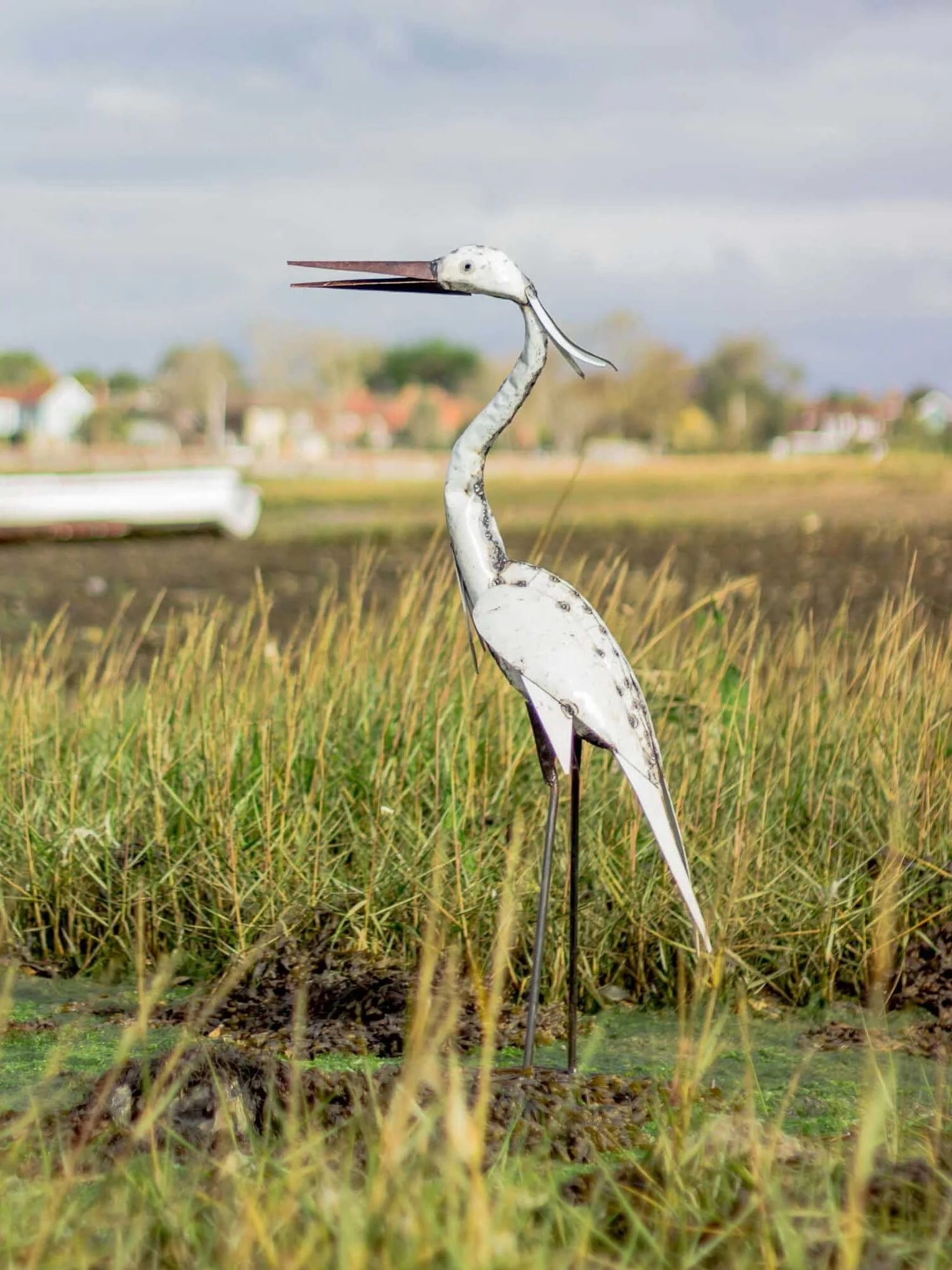 recycled metal white heron garden ornament