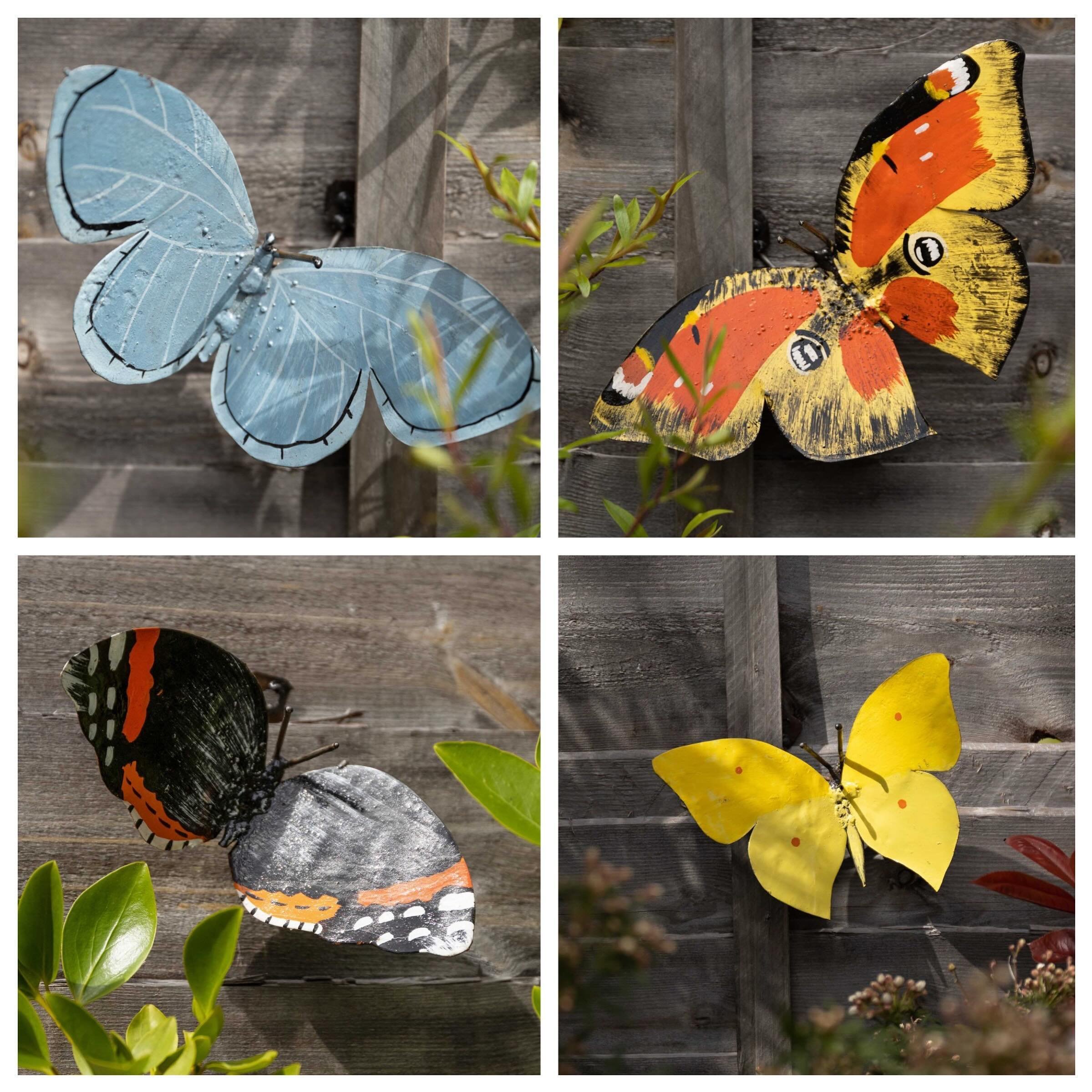 Recycled metal butterflies. Perfect for any garden wall or fence. Choose from #redadmiralbutterfly #peacockbutterfly #commonbluebutterfly or #brimstonebutterfly 

#ecofriendlydesign #reclaimed #reused #recycled #gardensculptures #sustainable