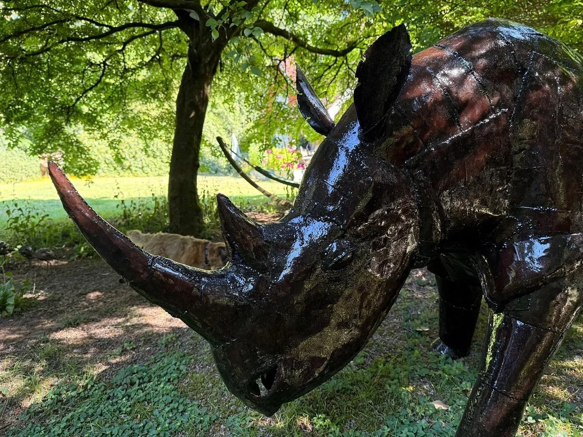 After turning heads at the Hampton Court Garden Festival, this one-third life-sized rhino sculpture has found its forever home &mdash; and made a new friend 🐶 along the way!

Handcrafted from recycled metals and built with incredible detail, this be