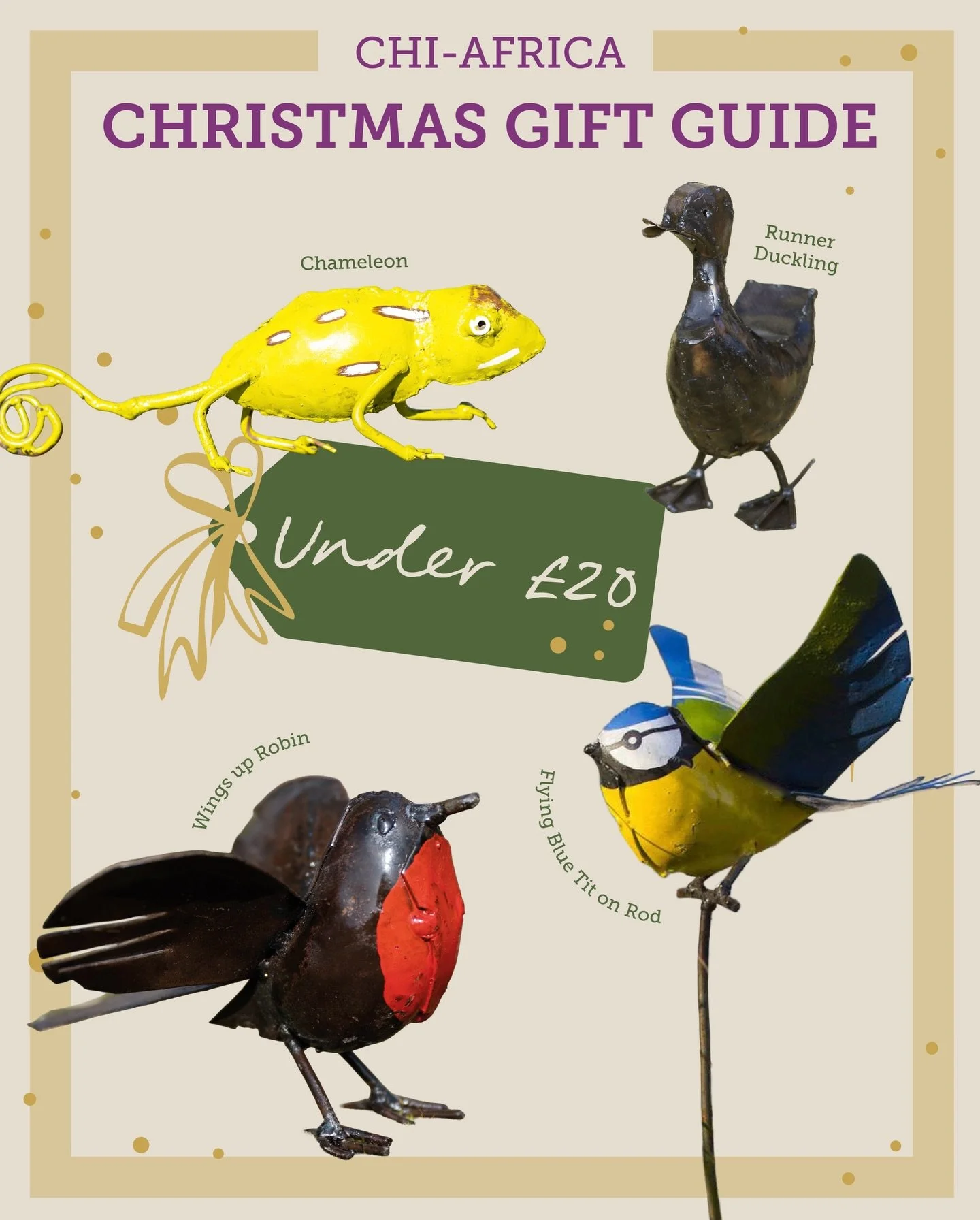 Chi-Africa Christmas Gift Guide: Gifts Under &pound;20

Meaningful doesn&rsquo;t have to mean expensive. Our favourite under &pound;20 picks are full of charm, craftsmanship, and character.

From the bright Chameleon to the Christmassy Wings Up Robin