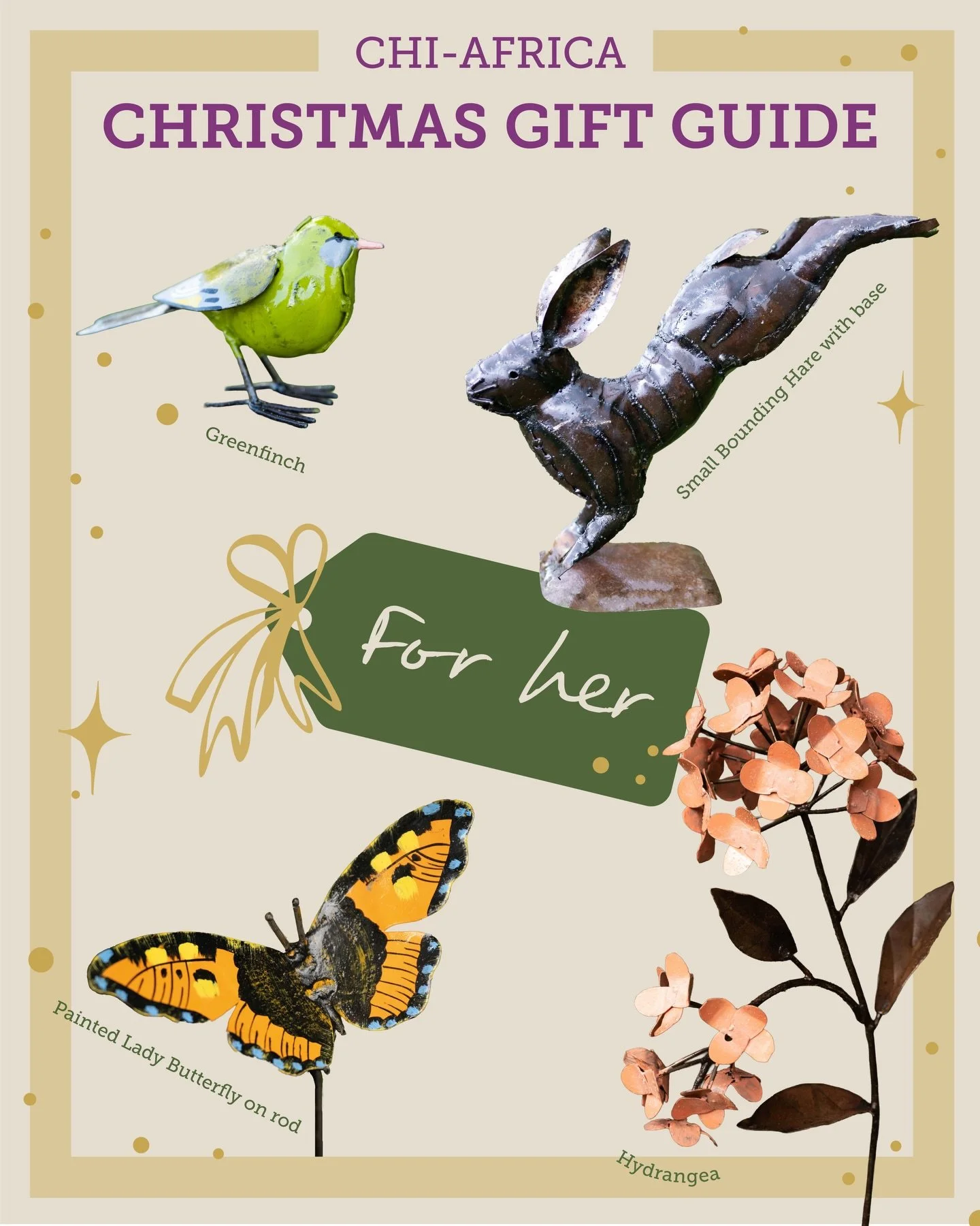 Looking for the perfect Christmas gift for a special lady?
 Our Chi-Africa &lsquo;Christmas Gift Guide: For Her&rsquo; brings together beautifully handcrafted pieces made from recycled metal in Zimbabwe. Unique, sustainable and full of character.
Fro