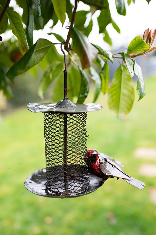 Recycled metal bird feeder garden ornament
