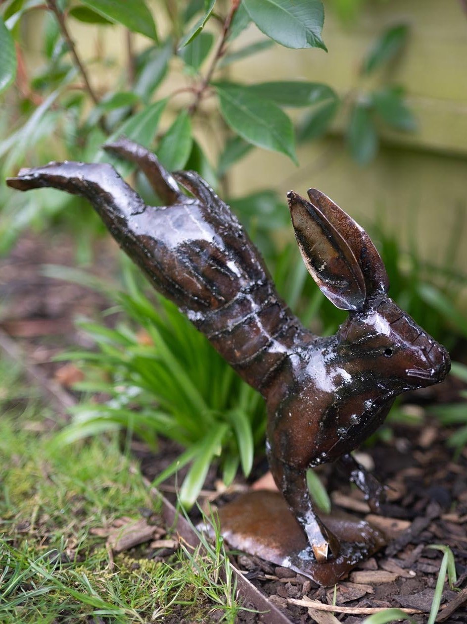 Recycled metal bounding hare garden ornament