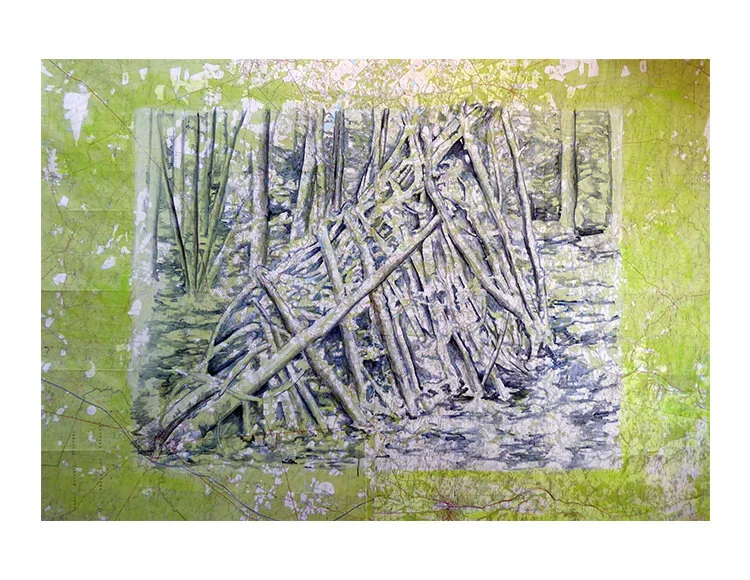 Cabane, Auvergne Technique mixte sur carte IGN, 131x185 cm