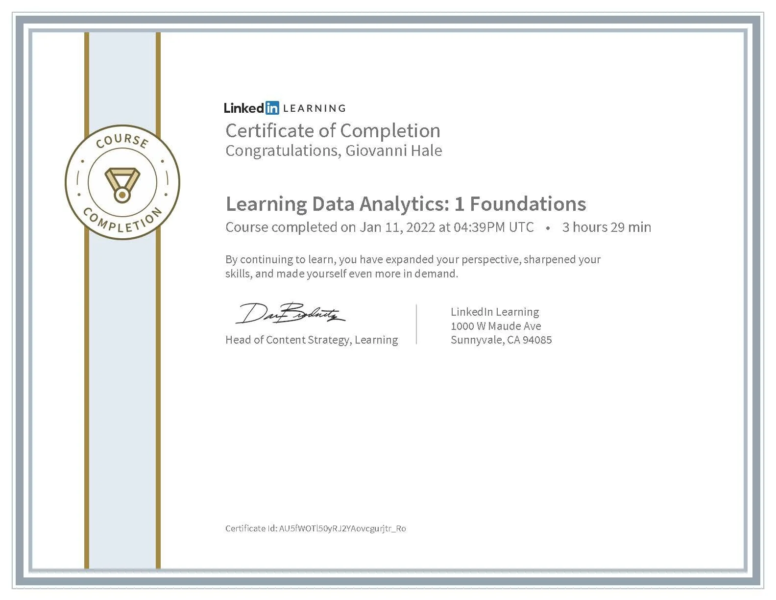 Learning Data Analytics: 1 Foundations Finished| Giovanni Hale