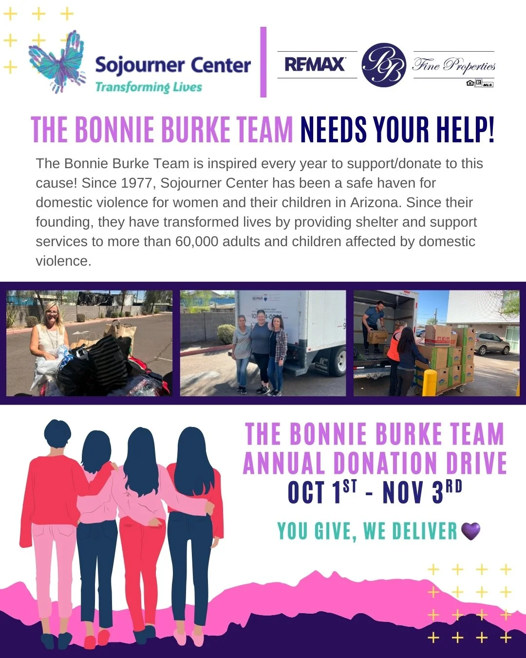 Starting TOMORROW, the Bonnie Burke Team is collecting donations for our annual drive supporting Sojourner Center, a safe haven for survivors of domestic violence in Arizona since 1977. 💙💜

Drop-off: Mon&ndash;Fri, 8am&ndash;4pm
Address: 21020 N Pi