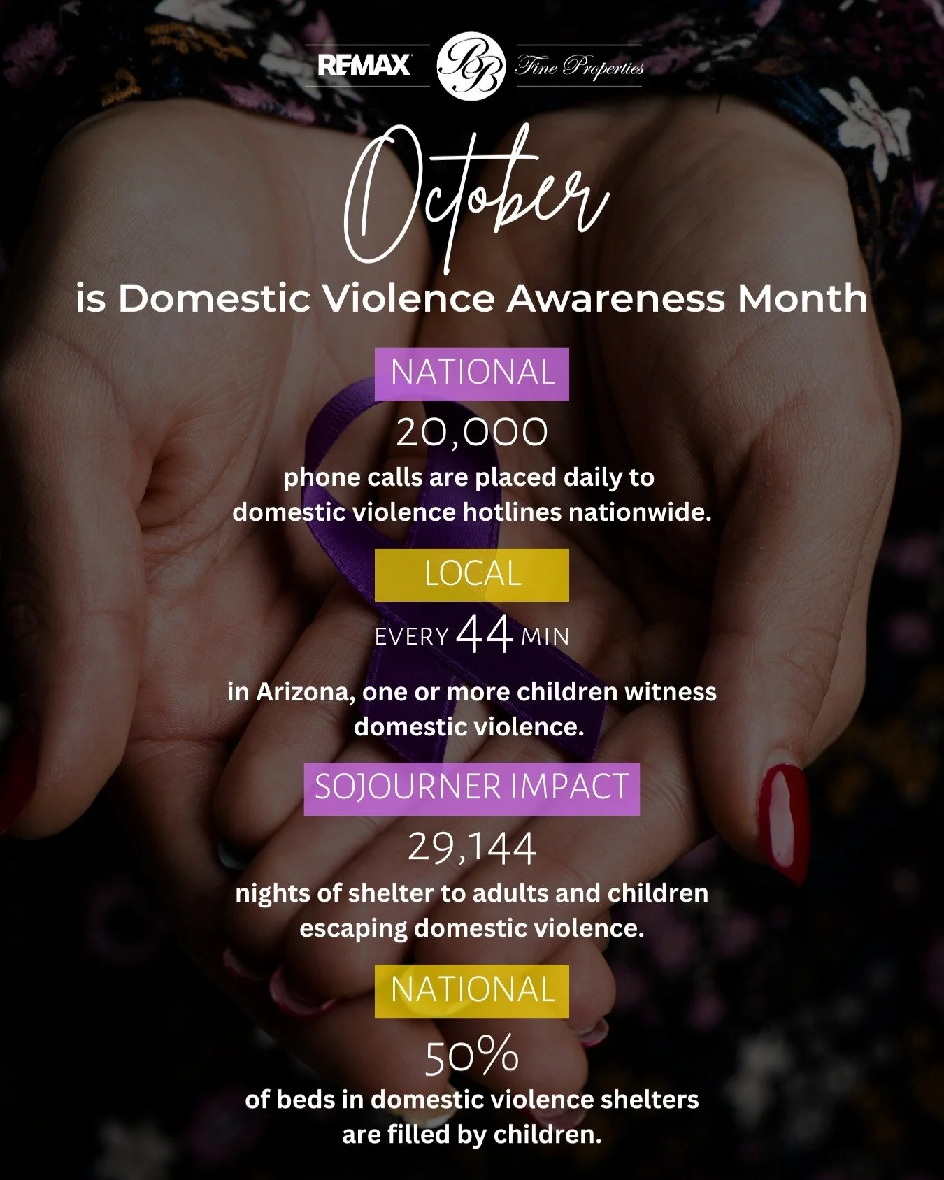 October is Domestic Violence Awareness Month!💜

The Bonnie Burke Team is collecting donations for our annual drive supporting Sojourner Center, a safe haven for survivors of domestic violence in Arizona since 1977. 💙

Drop-off: Mon&ndash;Fri, 8am&n