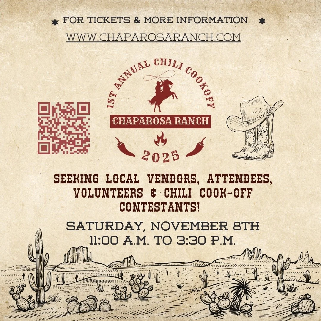 It's almost time for the 1st Annual Chaparosa Ranch &amp; Rio Verde Foothills Chili Cook-Off &amp; Vendor Fair!🔥

Saturday, November 8th | 11am&ndash;3:30-pm | Rio Verde Foothills, Scottsdale 

🎟️ Tickets: $8 online | $10 at the gate | Kids 11 &amp