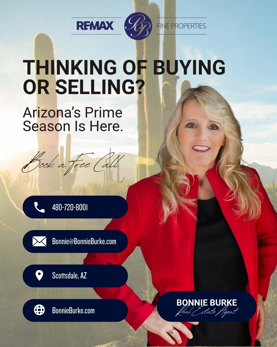 Thinking of buying or selling? Arizona&rsquo;s prime real estate season is here. With over 40 years of Valley experience, I have been helping buyers and sellers navigate the market since 1983.🏡🏜️

📞 Contact Bonnie Burke | RE/MAX Fine Properties: 4