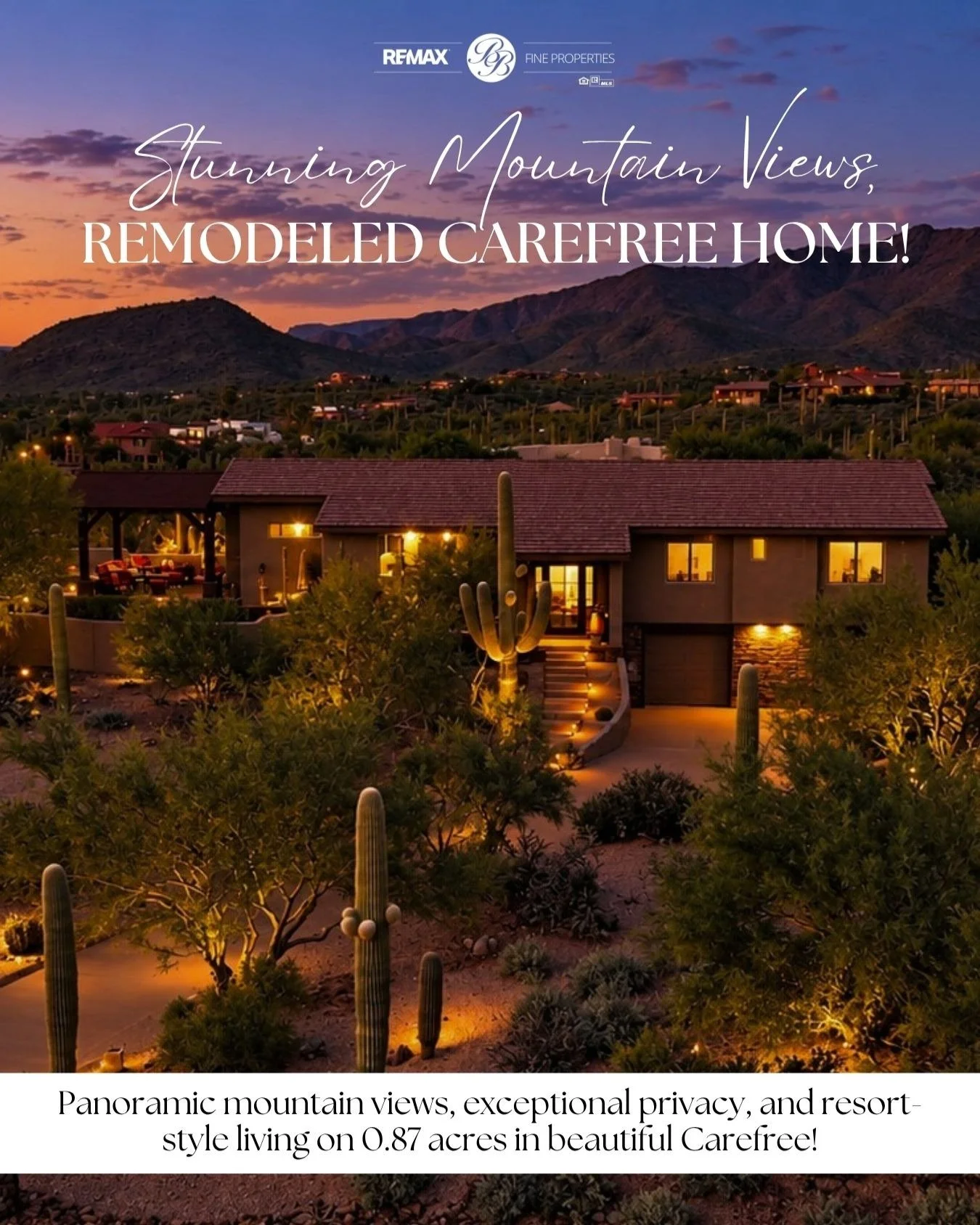 ✨ PANORAMIC MOUNTAIN VIEWS, resort-style living, and incredible privacy on nearly an acre in beautiful Carefree, Arizona! 🌵

🏡 4 Bed | 3.5 Bath | 3,291 SF | 0.816 Acres

This stunning, move-in ready home combines extensive updates, breathtaking Son