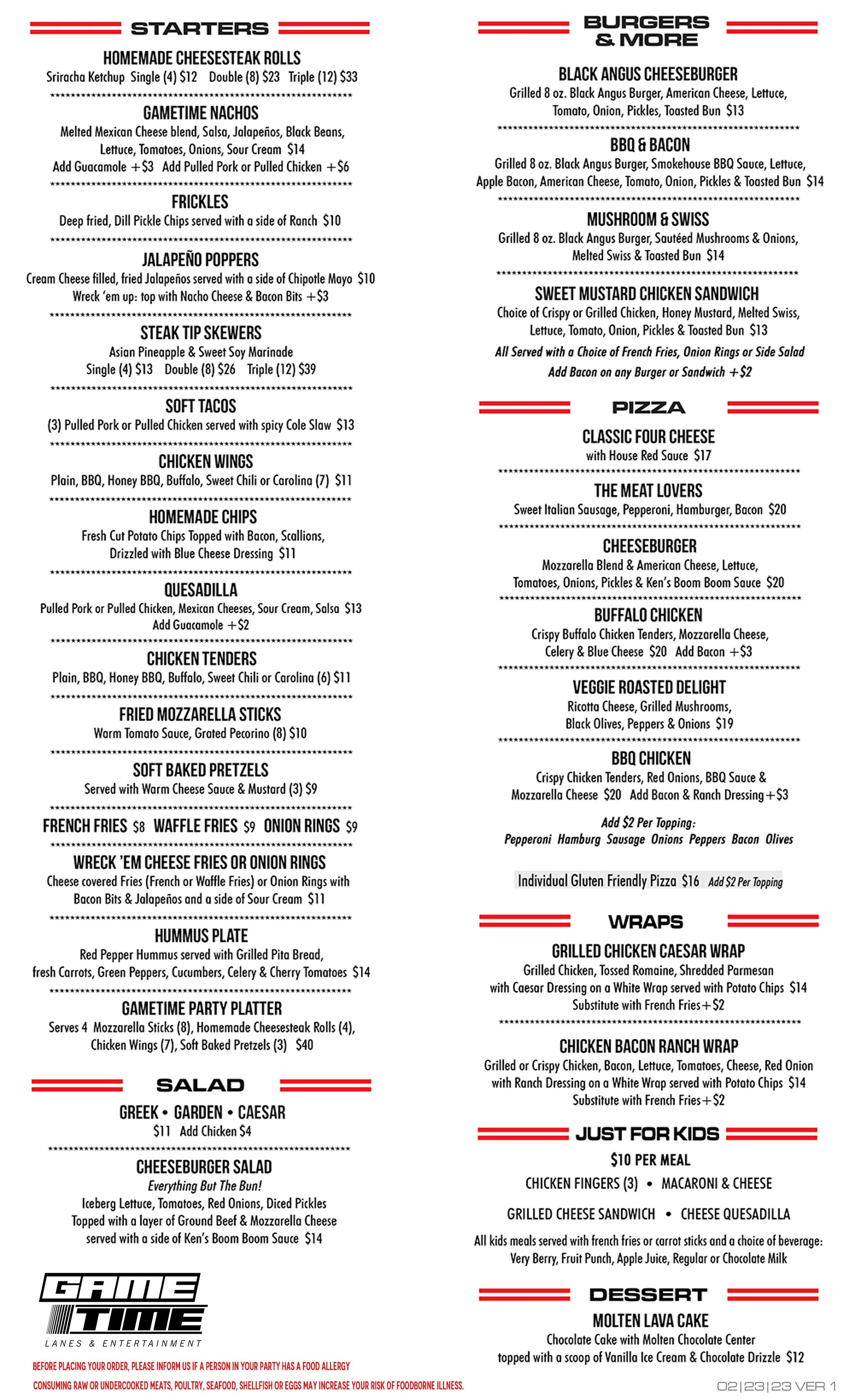Gametime Food Menu — Gametime Lanes & Entertainment