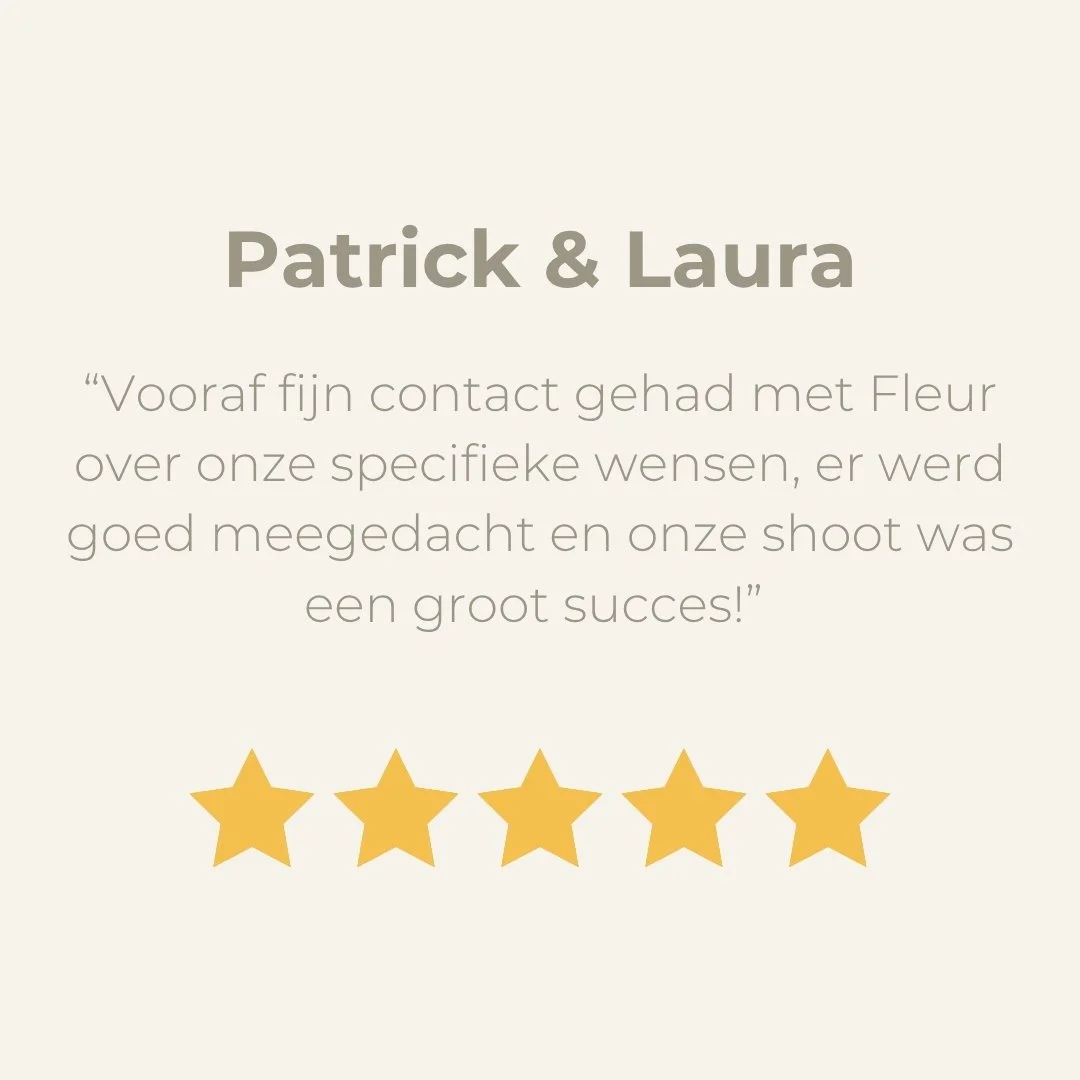 Testimonial text for Patrick & Laura with five gold stars. The text mentions a positive experience before a photo contact with Fleur, expressing satisfaction with the results.