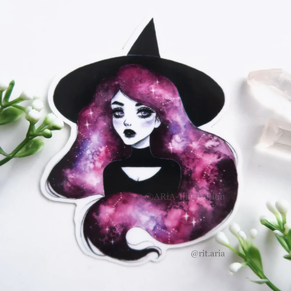 Pink galaxy hair witch vinyl sticker — Aria-Illustration