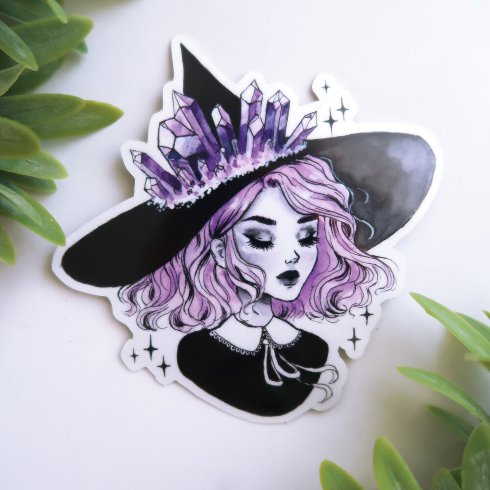 Lavender crystal witch vinyl sticker — Aria-Illustration
