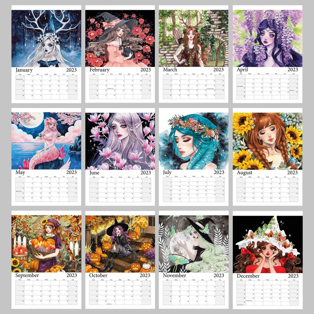 2023 Illustrated Wall Calendar - Monthly - A4 , A3 - fantasy art calendar -  Witchy cute Planner - Gi — Aria-Illustration