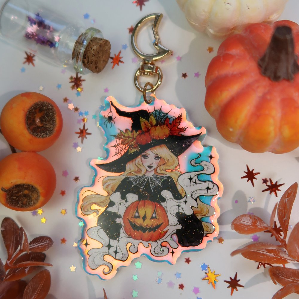 Aria-Illustration Halloween Witch Holographic Glitter Keychain