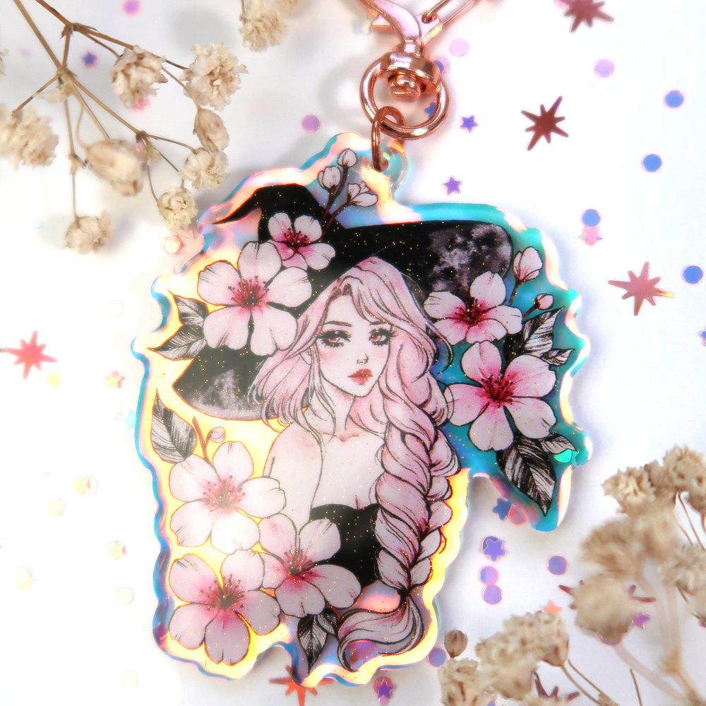 Aria-Illustration Sakura Witch Holographic Glitter Keychain