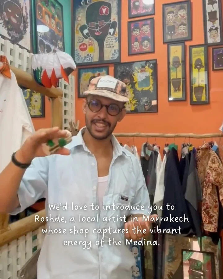 When you&rsquo;re at one of our Morocco retreats and wander through Marrakech, don&rsquo;t miss stepping into Roshde&rsquo;s shop :) a space full of life, color, and heart. Artists like him capture the authenticity and warmth we love most about this 