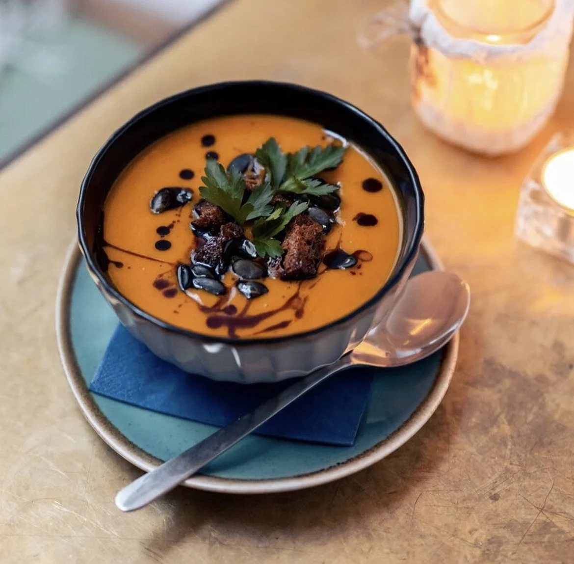 vegan pumpkin soup at brick-15 in vienna