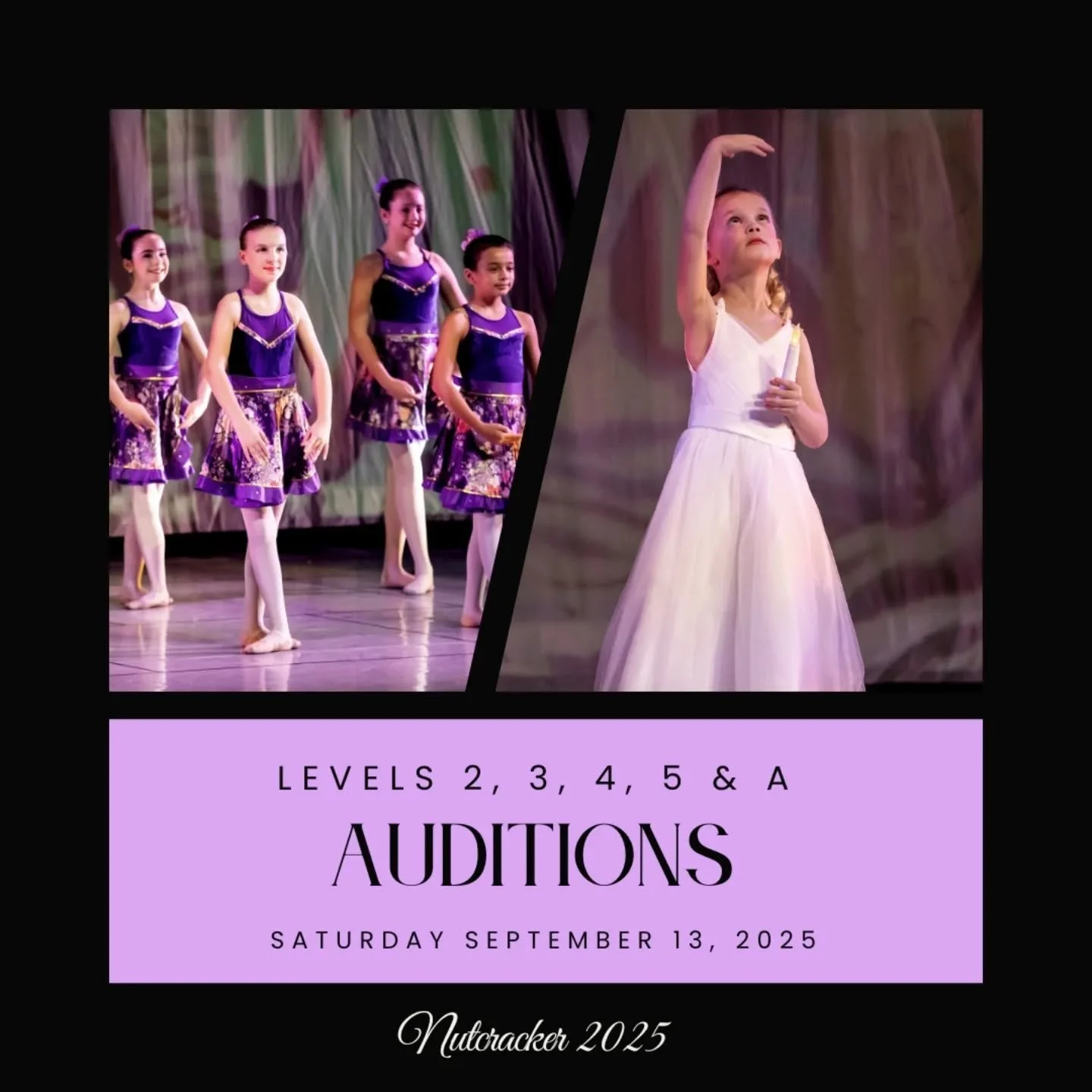 Our final round of Nutcracker auditions is this weekend!

Level 4| 9:45-10:45
Level 2| 11:15-11:45
Level 3| 12:15-1:00
Level 5| 12:30-1:30
Level A| 1:45-2:45