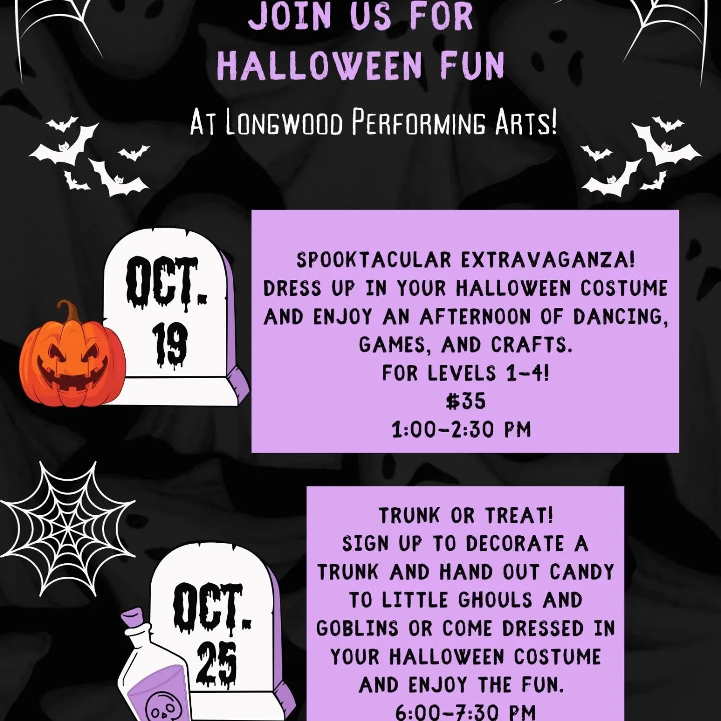 It's officially Spooky Szn and we are excited for all of our upcoming events! Contact the studio office for more information 🎃👻
