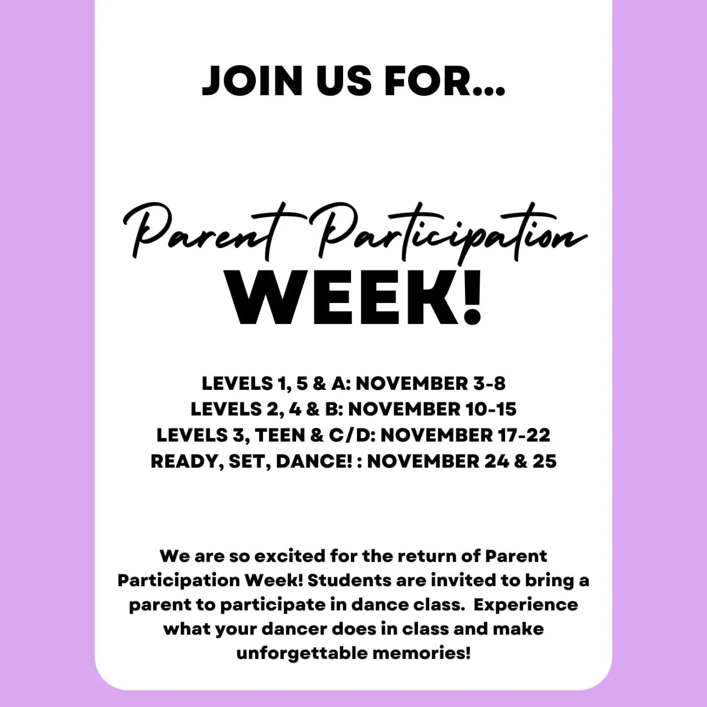 Mark your calendars and dig out your dancing shoes! It's almost time for Parent Participation! #lpaalltheway
