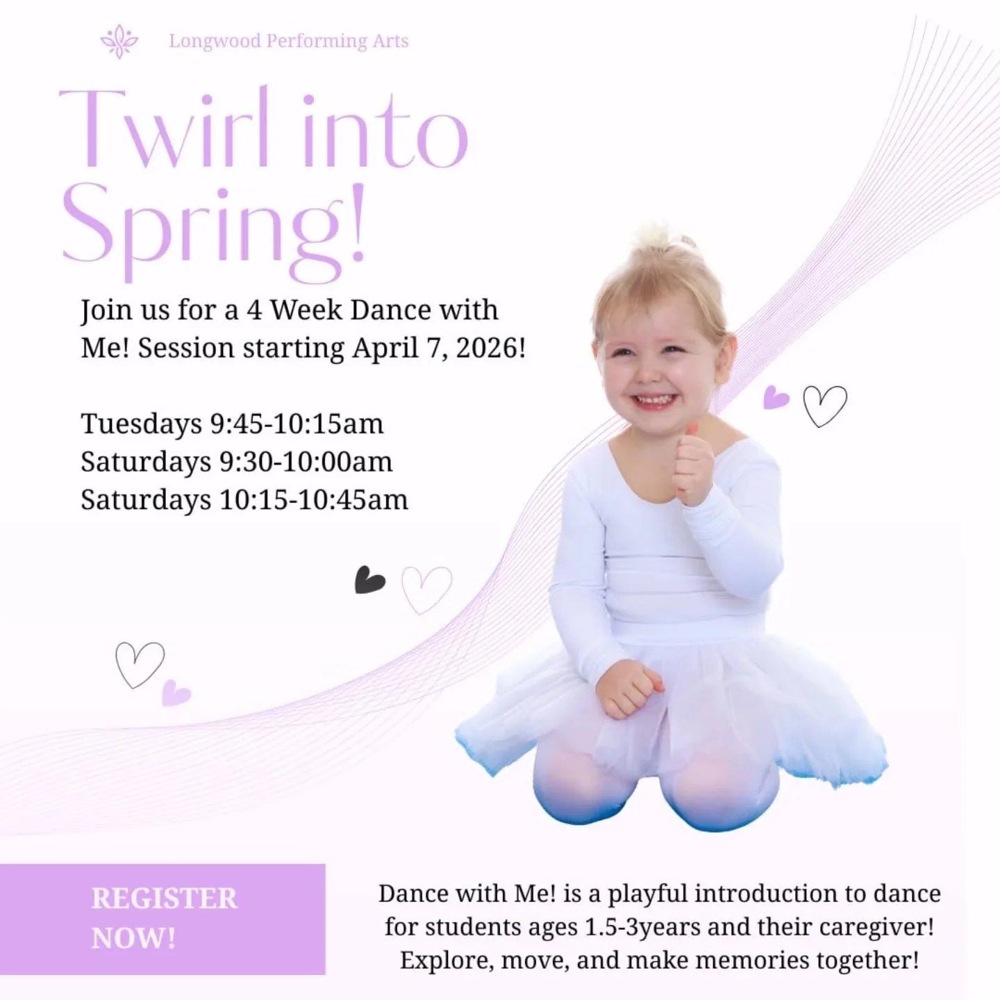 We are now enrolling for our Spring Dance With Me! Session. Bring your tiny dancer and explore, move and make memories together! Register on our website today 🩰 #lpaalltheway