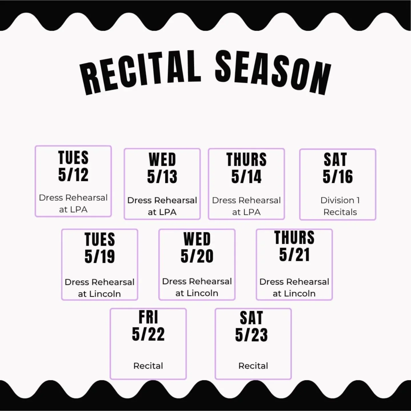 It's our last week of classes and we can't help but look ahead to the next two weeks of rehearsals and performances! Here's a reminder of all of our upcoming dates 💜 #lpaalltheway