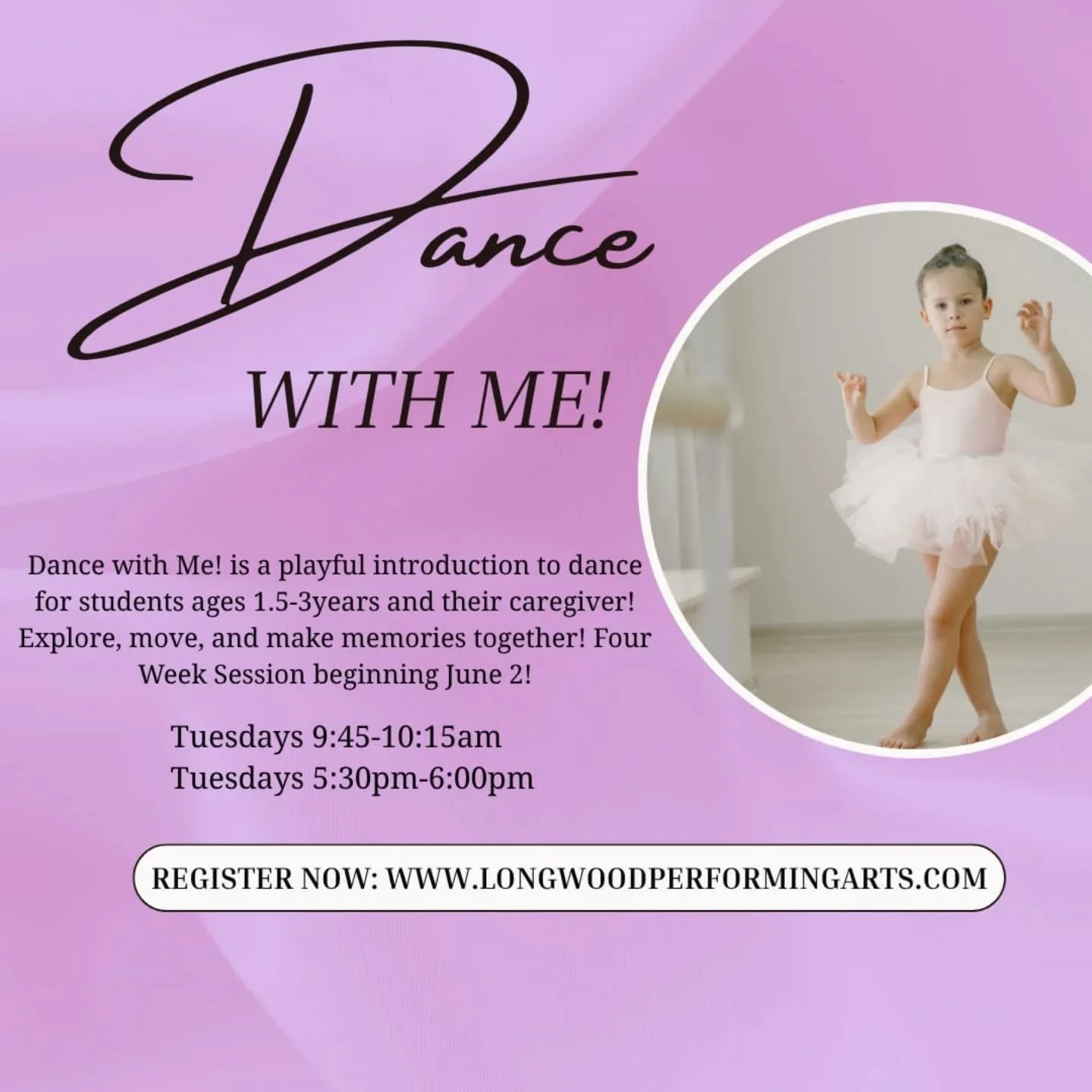 We are so excited to skip into summer with our Dance with Me students!  Explore, move, and make memories with us beginning June 2!

Register today by visiting our website 🩰