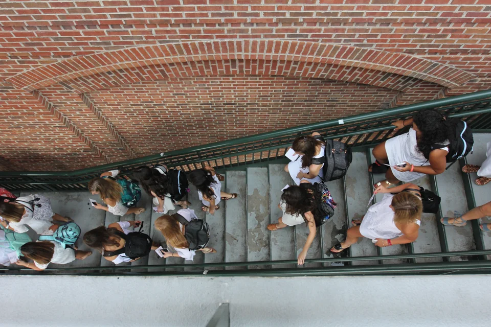 New sorority members walk down the stairs next to the Miller Learning Center on The University of Georgia campus to head to their houses during Fall 2017 Sorority Bid Day in Athens, Georgia, on Monday, August 14, 2017. The week long recruitment concludes with the new members celebrating at their respective sorority houses with their new sisters.