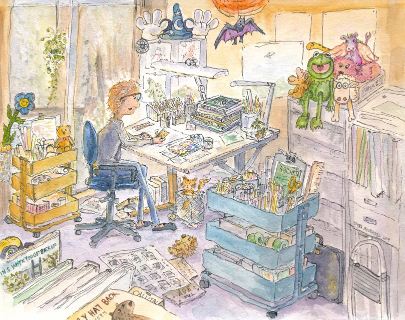 Happily working in my cluttered art studio.