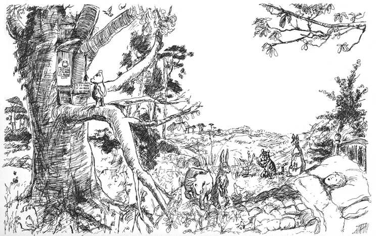 Several variations of E.H. Shepard’s drawings combined into a single composition.