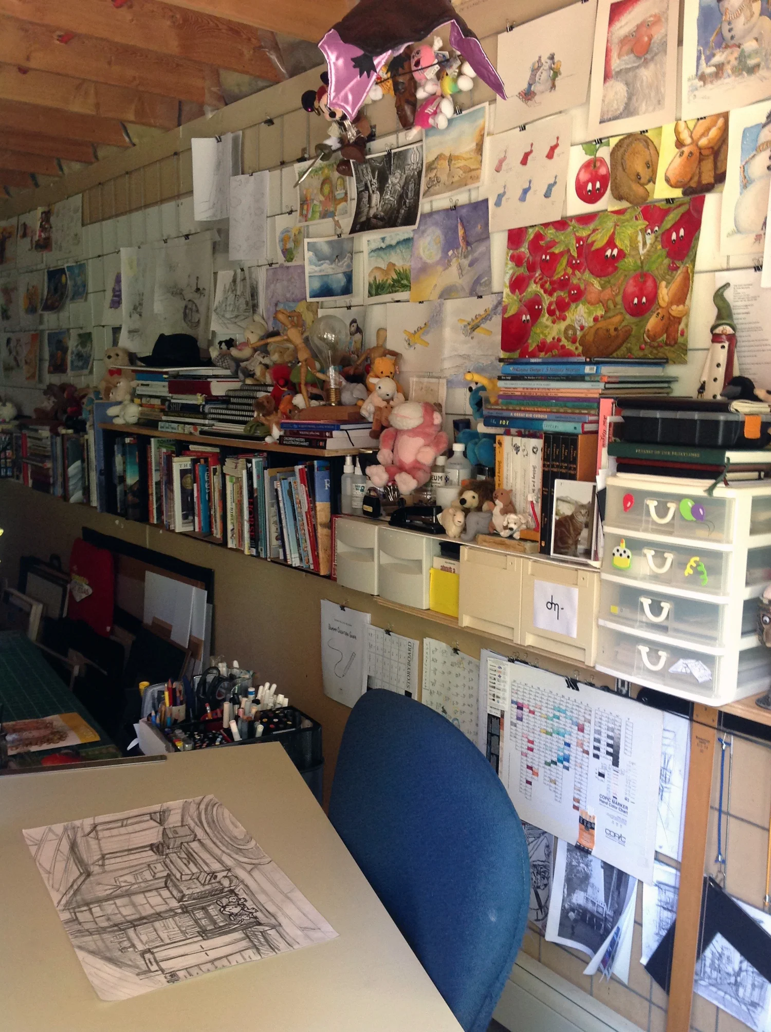 My studio wall with several projects in the work in process (wip) mode.