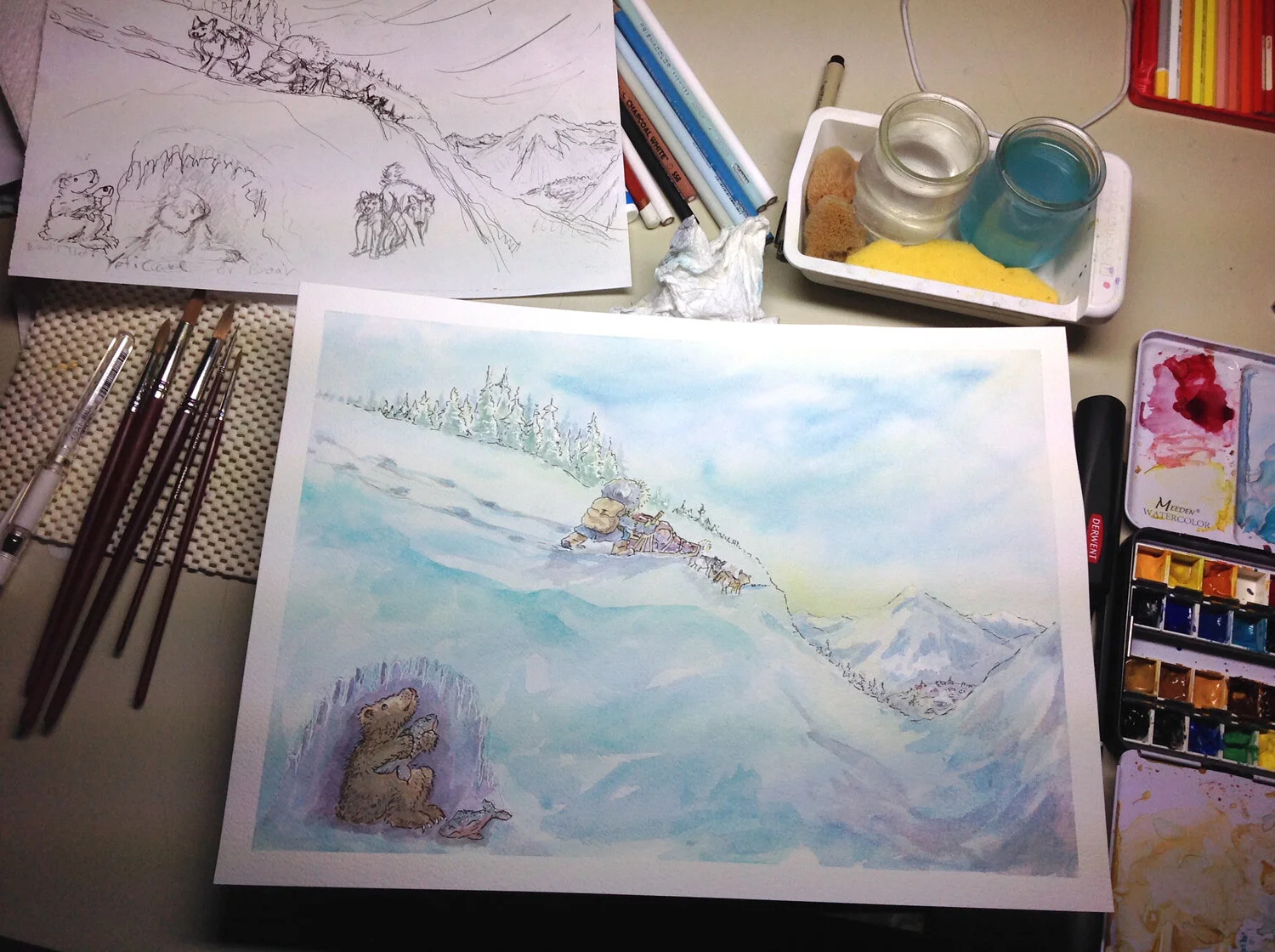 Sketch with finished painting before wind/snow marks.