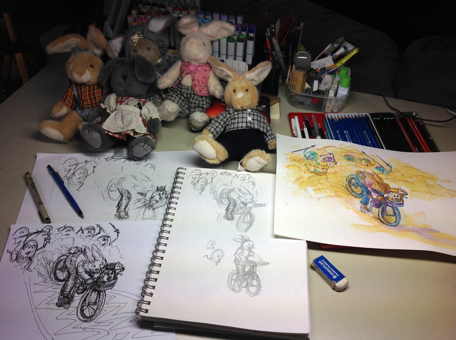 My roughs, pencil, ink and finished painting before some touch-ups in photoshop.