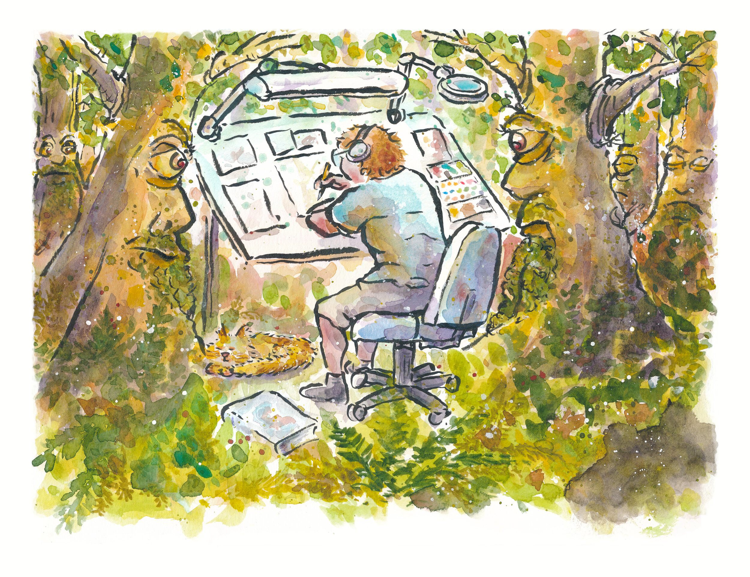 artist in forest at work