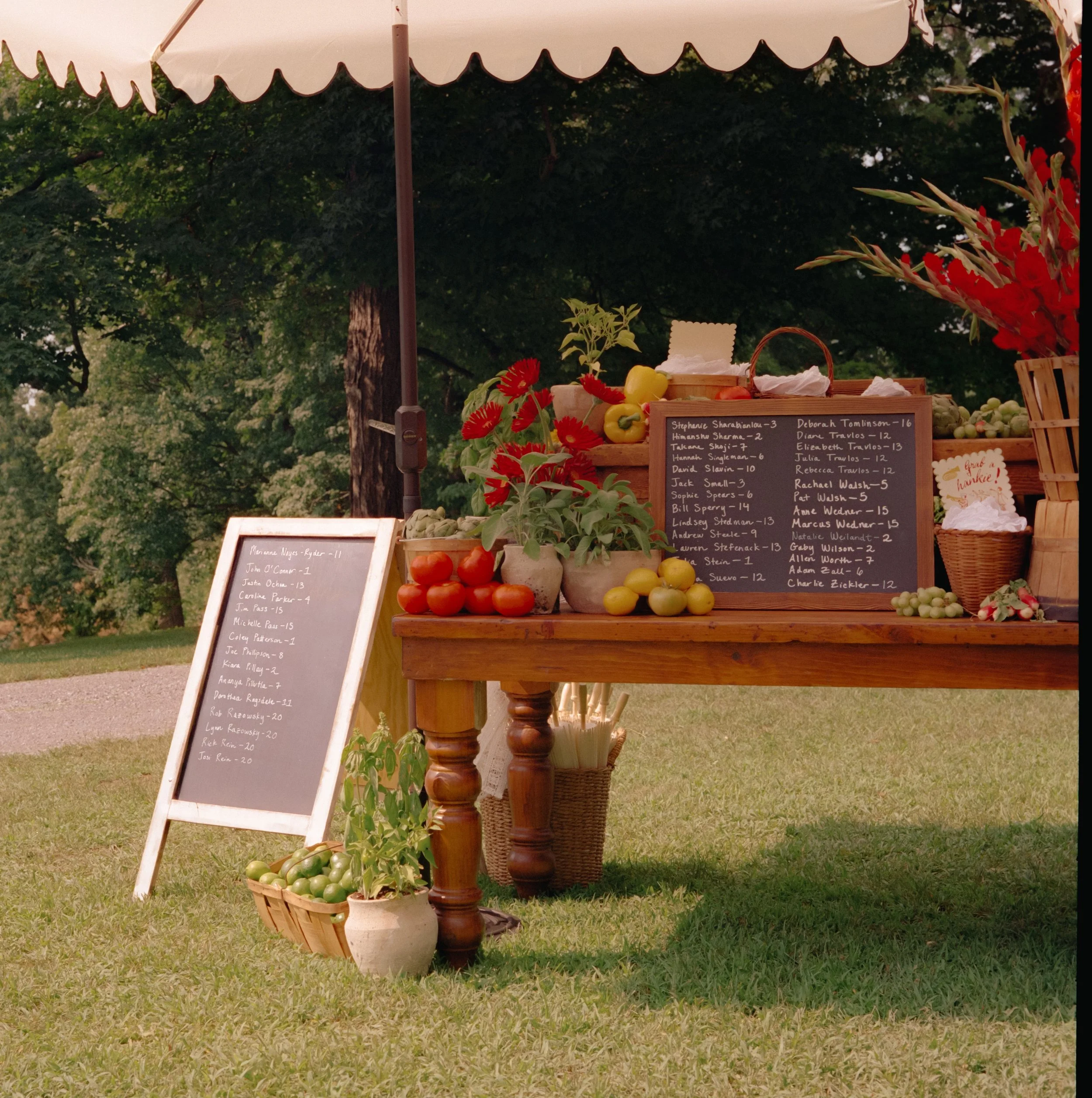 Cocktail hour escort table styled with fresh produce and handwritten menu board