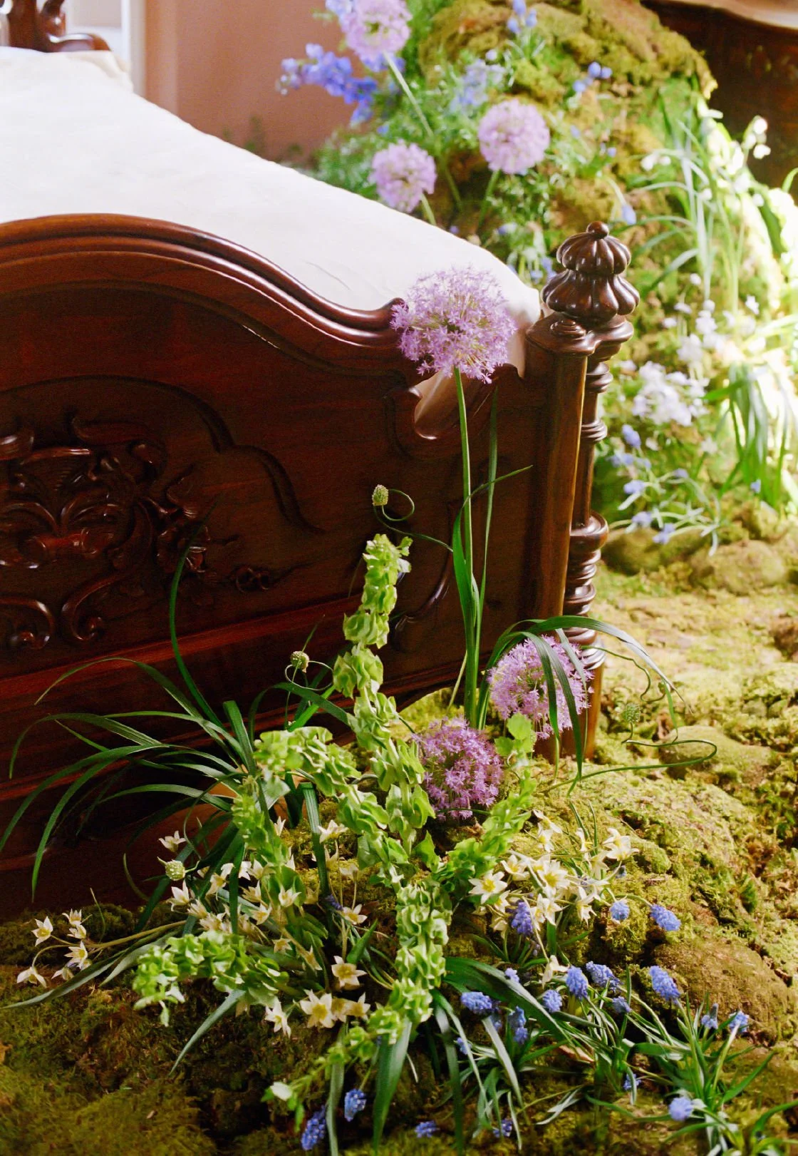  Tall delicate allium blooms, bells of Ireland and other seasonal wildflowers grow from floor next to historic bed frame. 