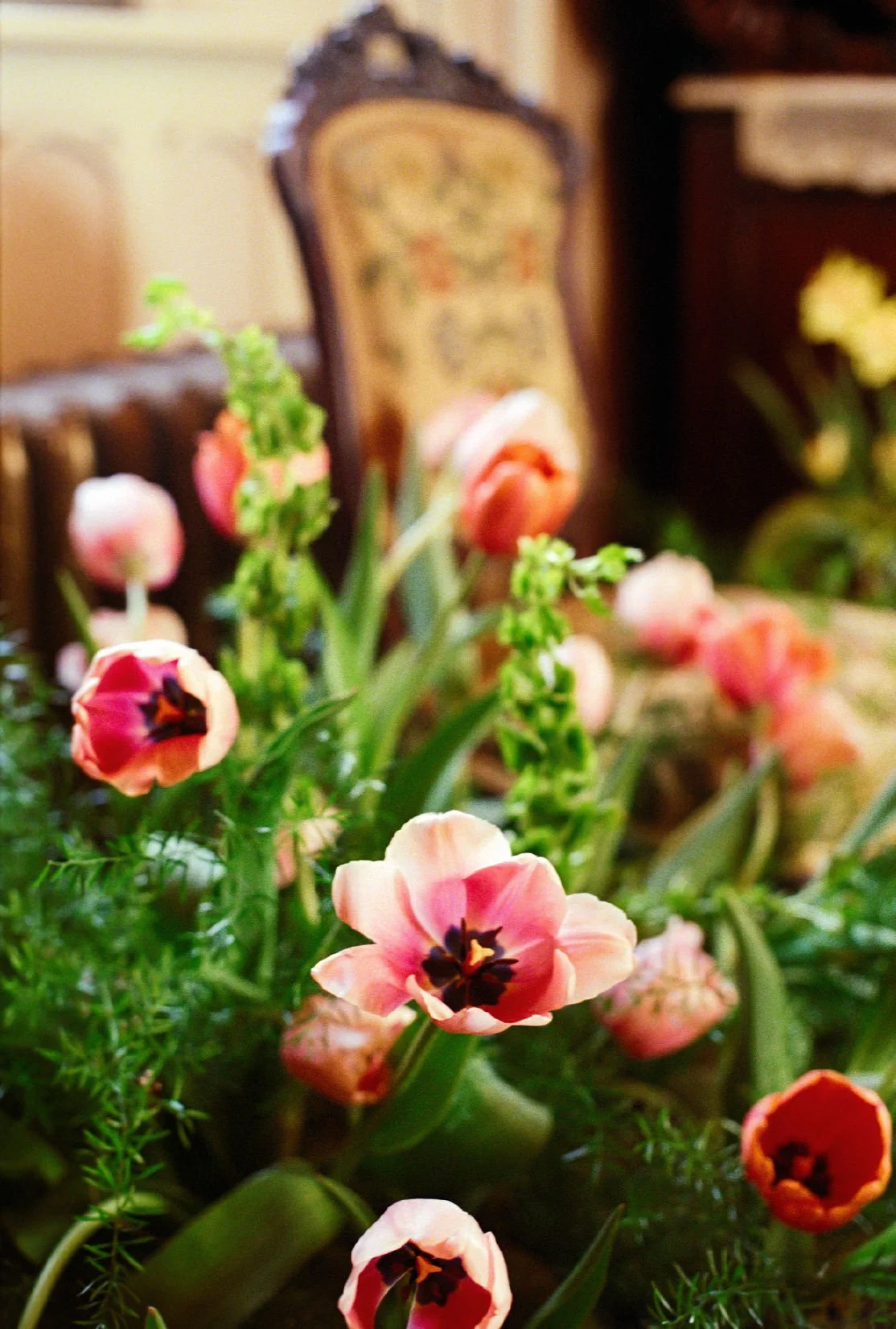  Close up of textured ferns, grasses and bright flower blooms curated by team of floral artists from Hudson Valley 