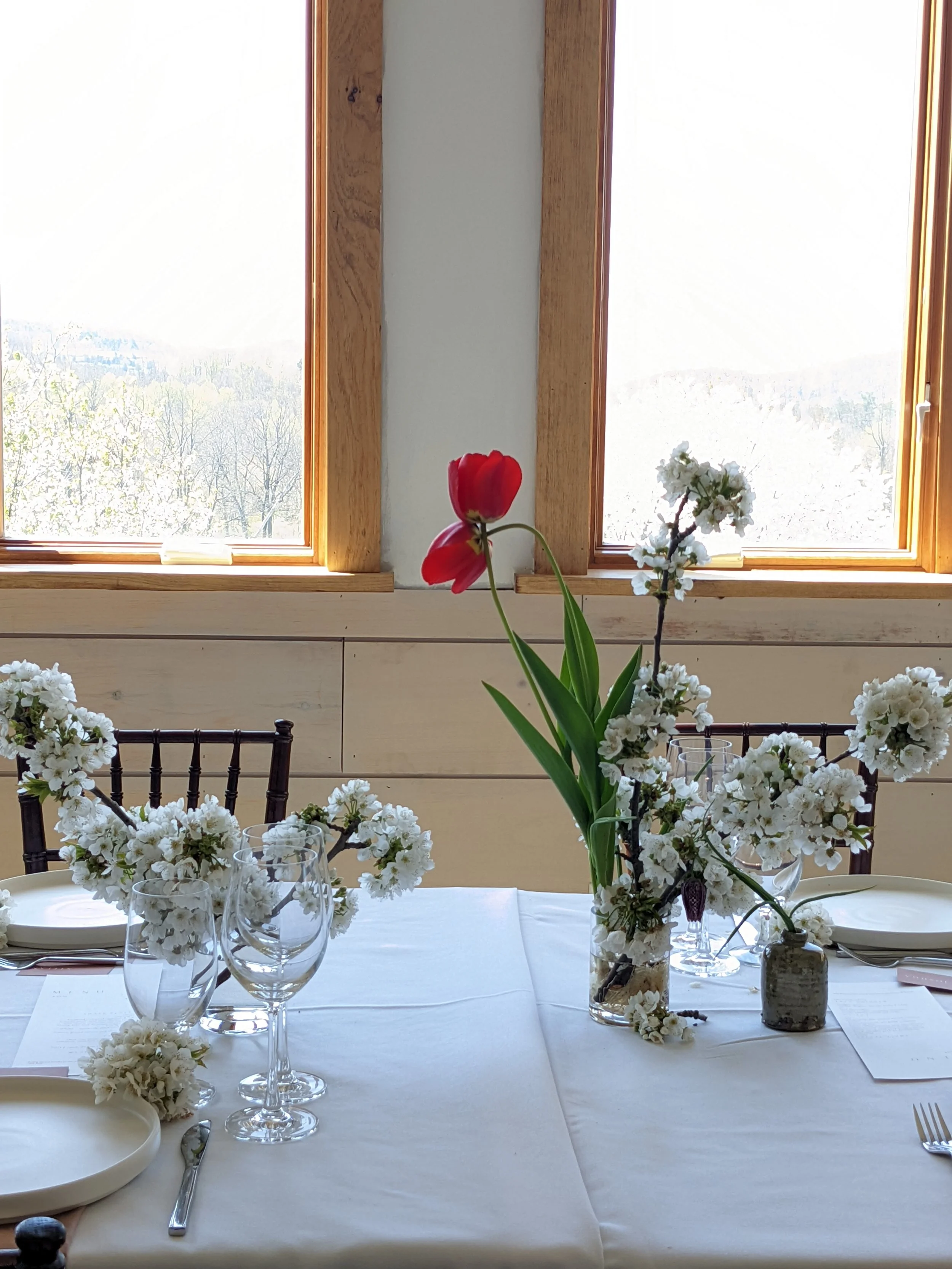  Reception table full of charming white petals sit in bud vases and two red tulips give a pop of color 