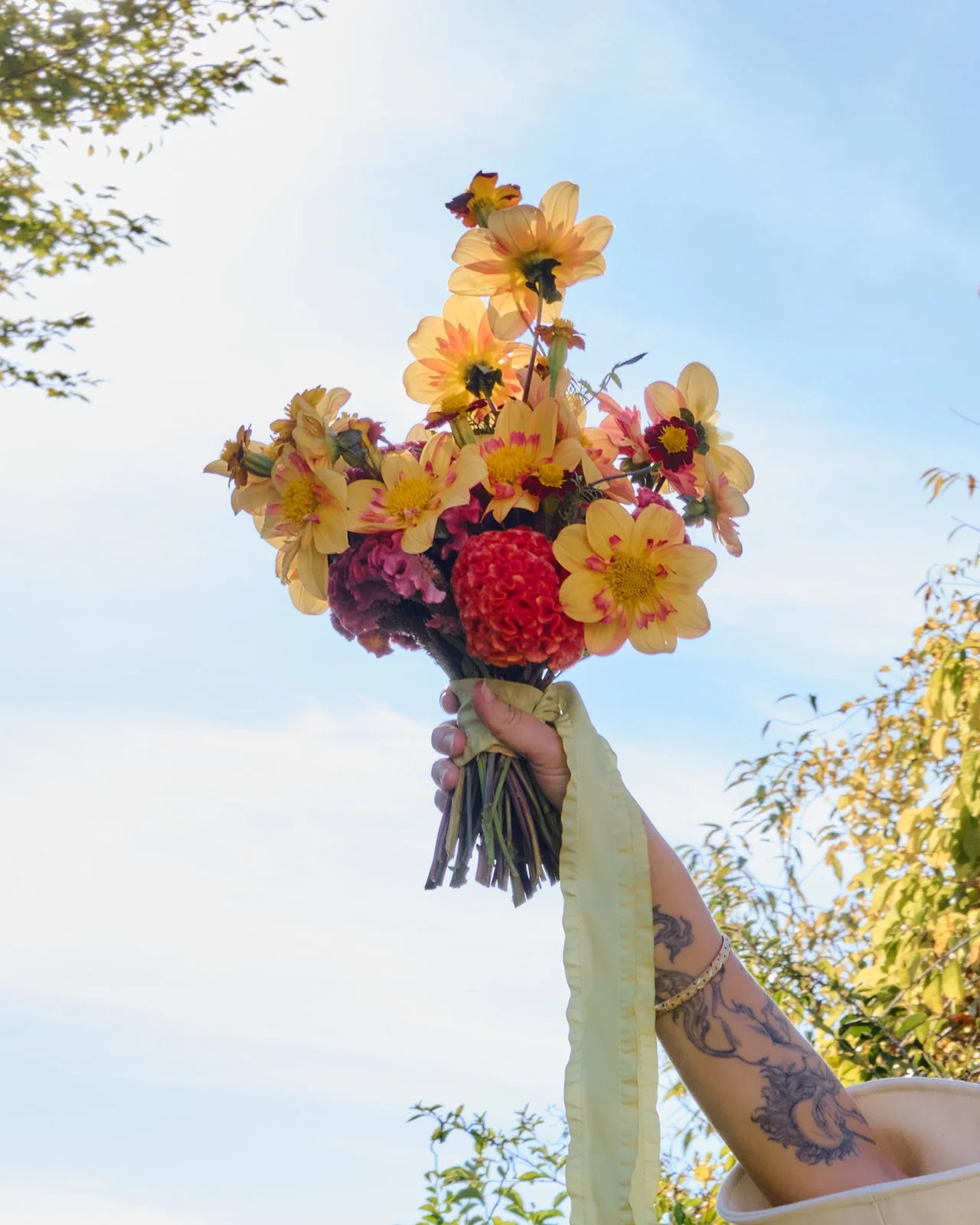  Signature bridal bouquet with various kind of lush orange flowers hand-tied with silk ribbon 