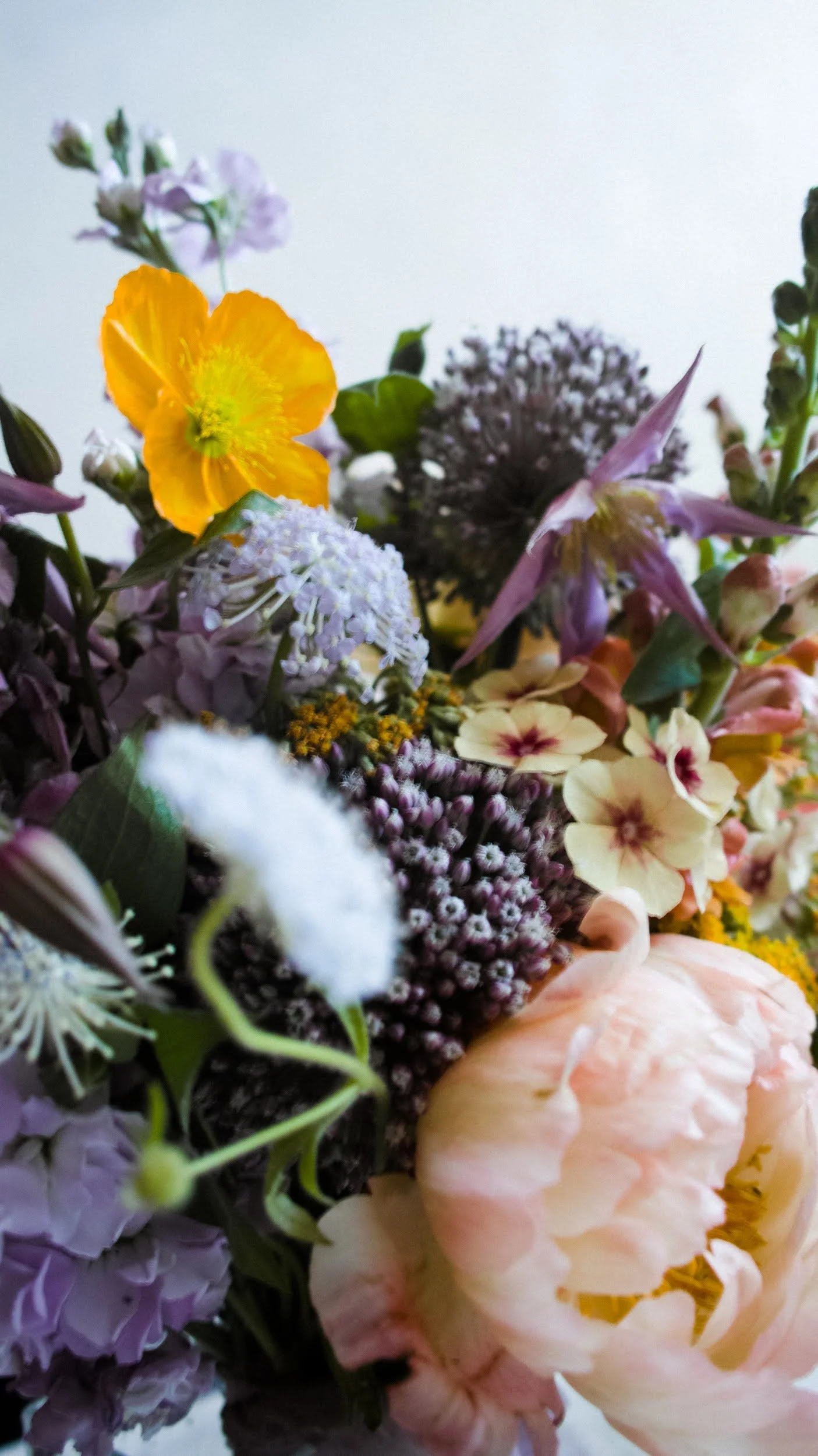  Floral bouquet created with a wide variety featuring many kinds of textures, soft purple tones, and striking yellow blooms 