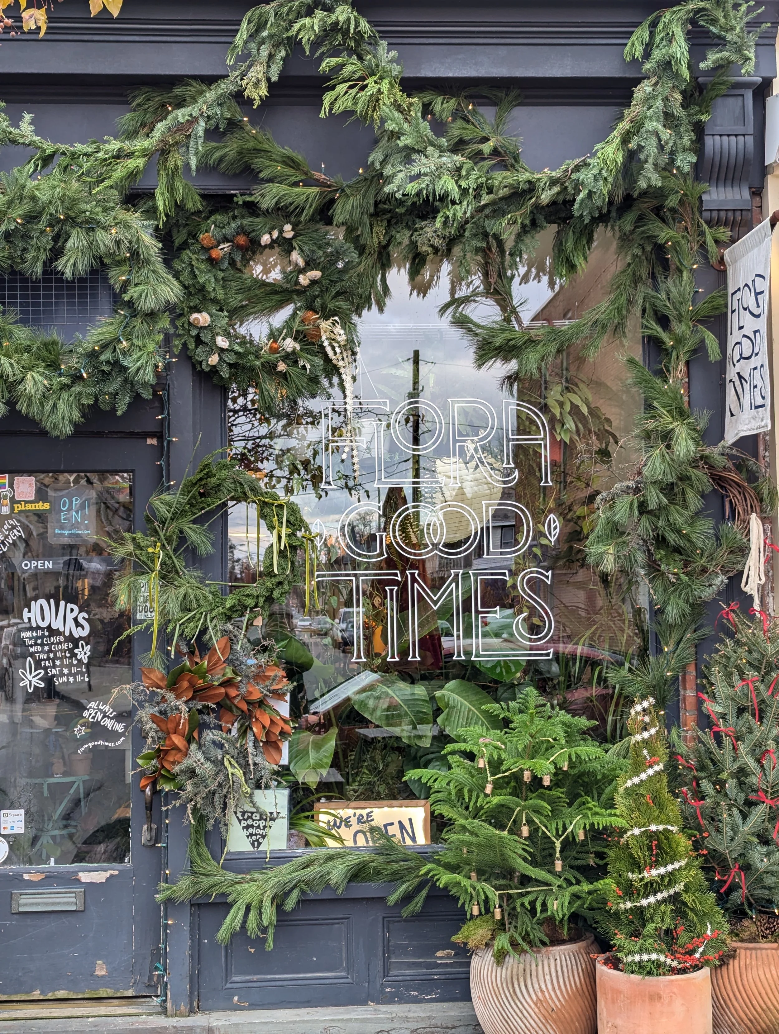  Beacon, NY flower store front covered with elegant and sculptural winter branches  